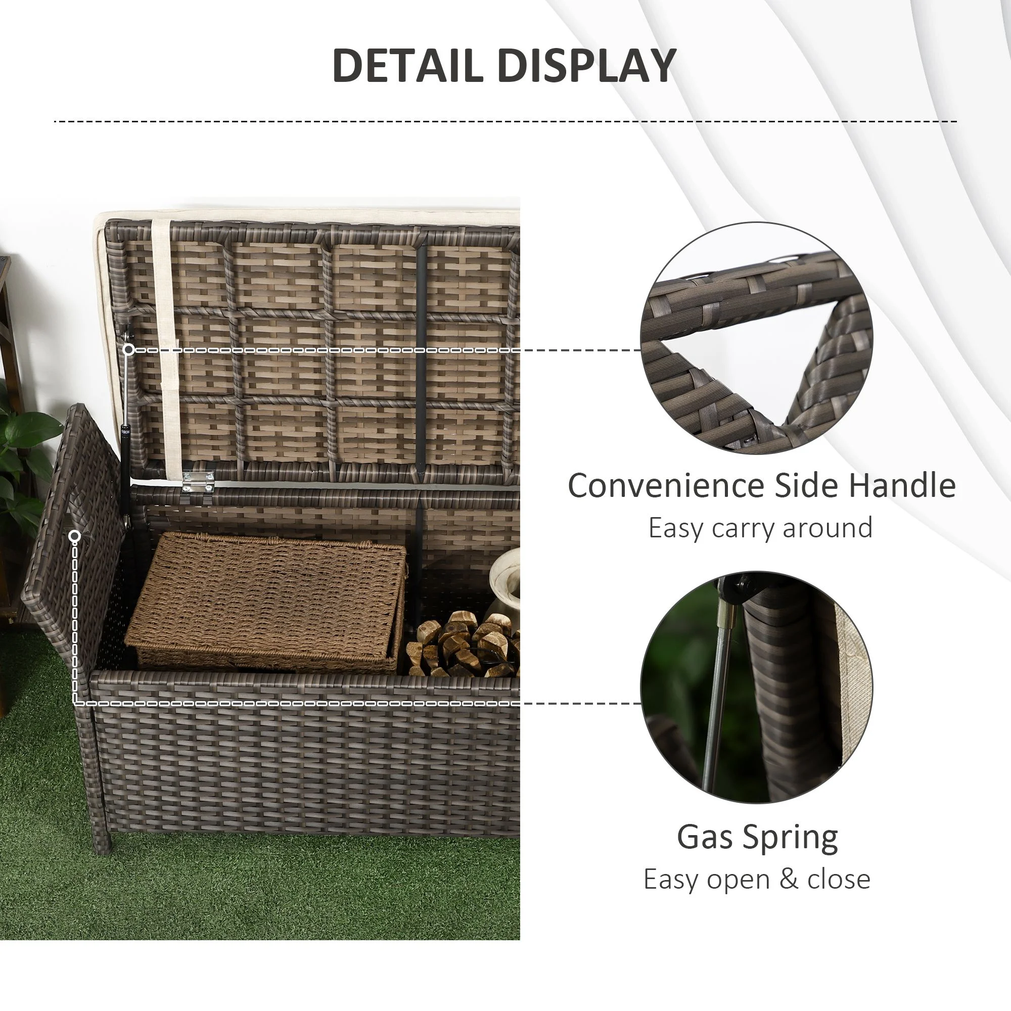 DUOSONG Outsunny 27 Gallon Patio Wicker Storage Bench, Outdoor Pe Rattan Patio Furniture, 2 - in - 1 Large Capacity Rectangle Garden Storage Box with Handles and Cushion, Cream White Brown+White Steel