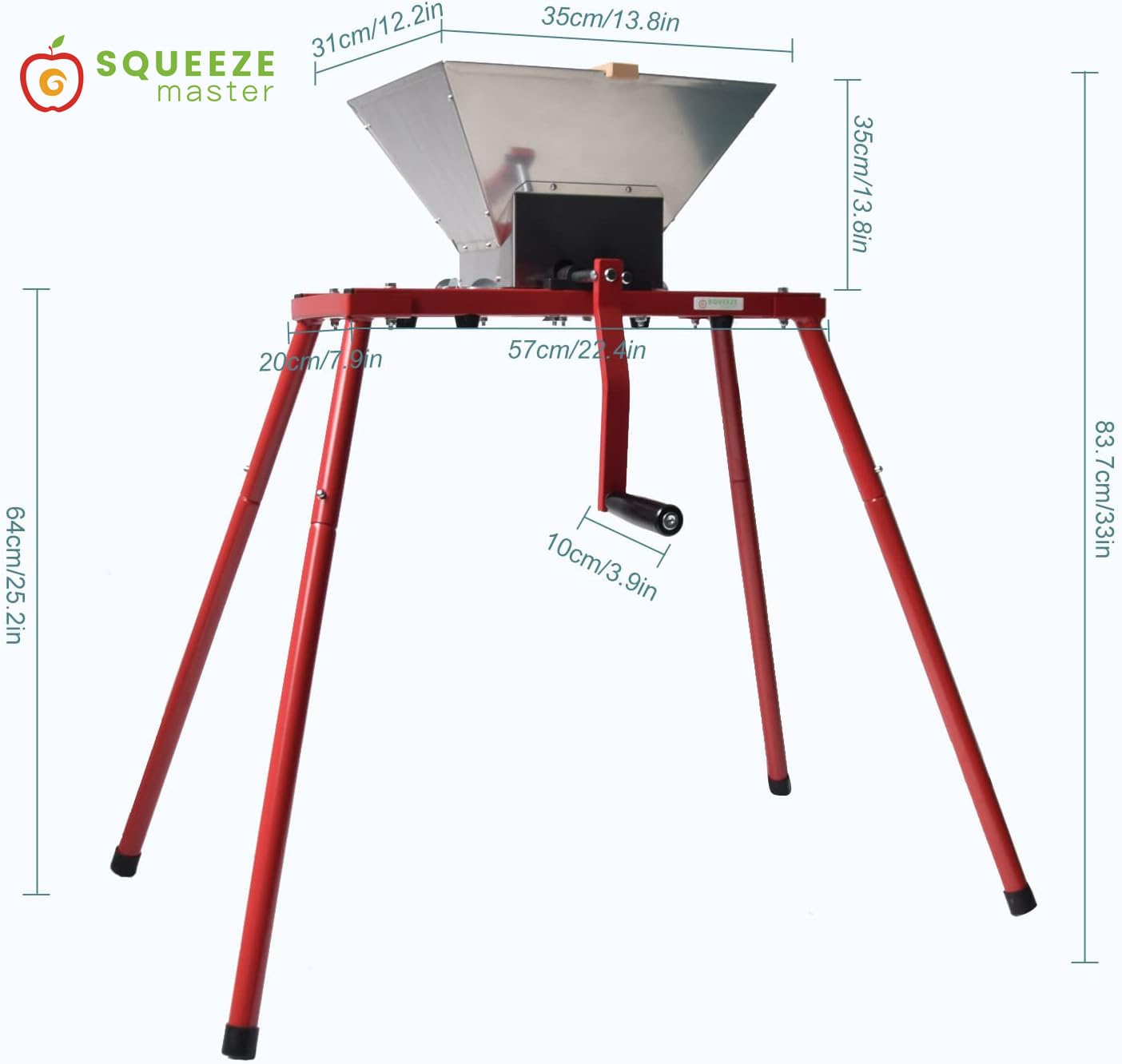 Fruit Apple Wine Classic Crusher With Stand -7 Litre/1.8Gallon Manual Grinder- Large Stainless Steel-Red