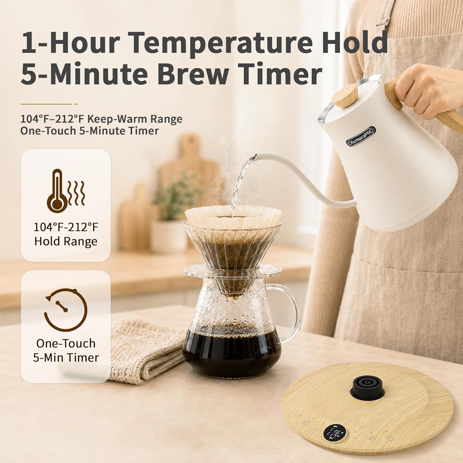 Olumaramio 0.8L Gooseneck Electric Kettle, ±1 ° F Temp Control, Wood-Grain