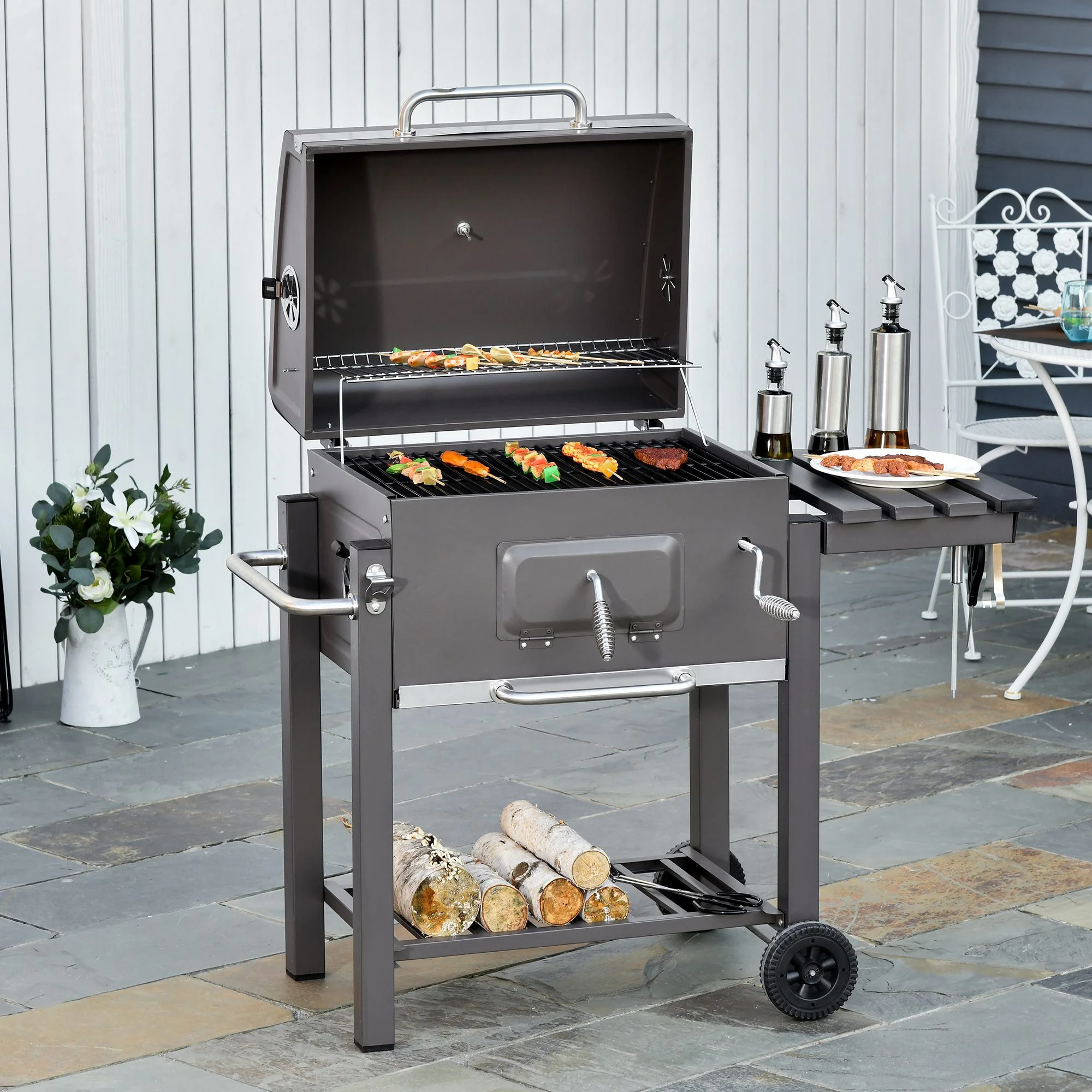 Portable Charcoal Grill, Stainless Steel, Thermometer and Side Burner, Gray - Image 2
