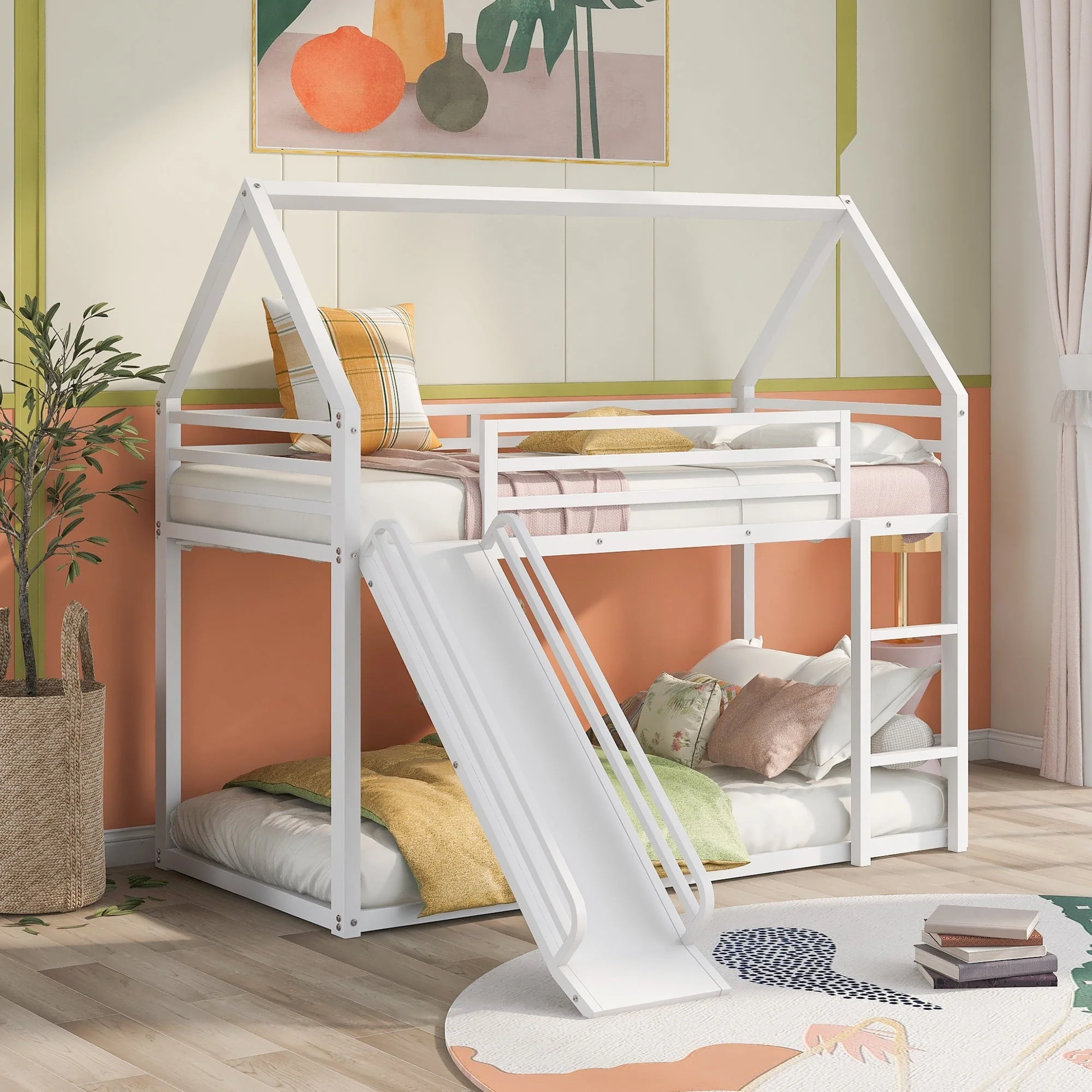 Bunk Bed Twin over Twin, Metal Bunk Bed with Slide, House Low Bunk Bed with Ladder and Safety Guardrails, Noise Free Floor Twin Bunk Beds for Kids, Adults, Bedroom, White