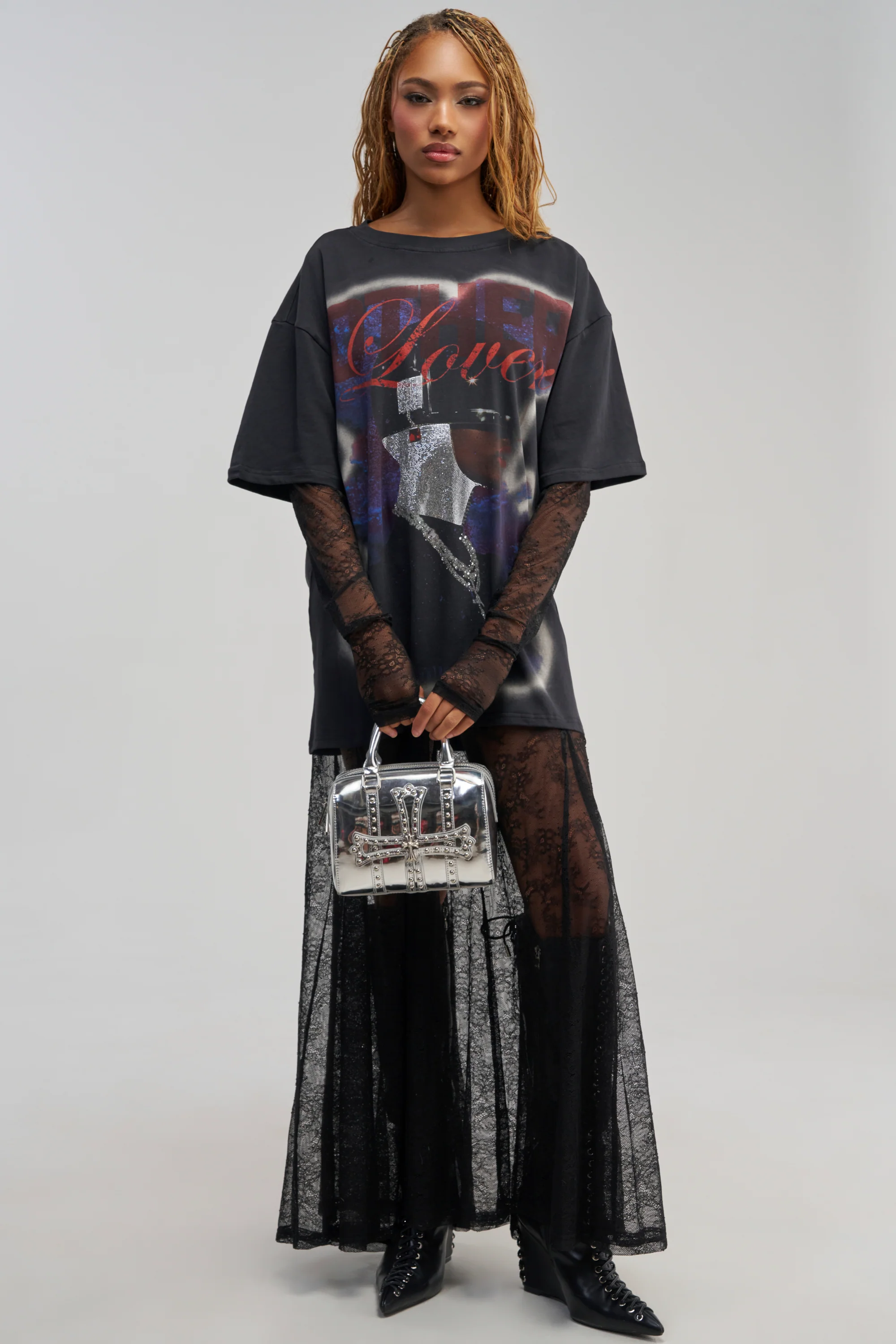 GIRLY BUT NOT LAYERED LACE MIDI DRESS IN BLACK MULTI - Akira Store