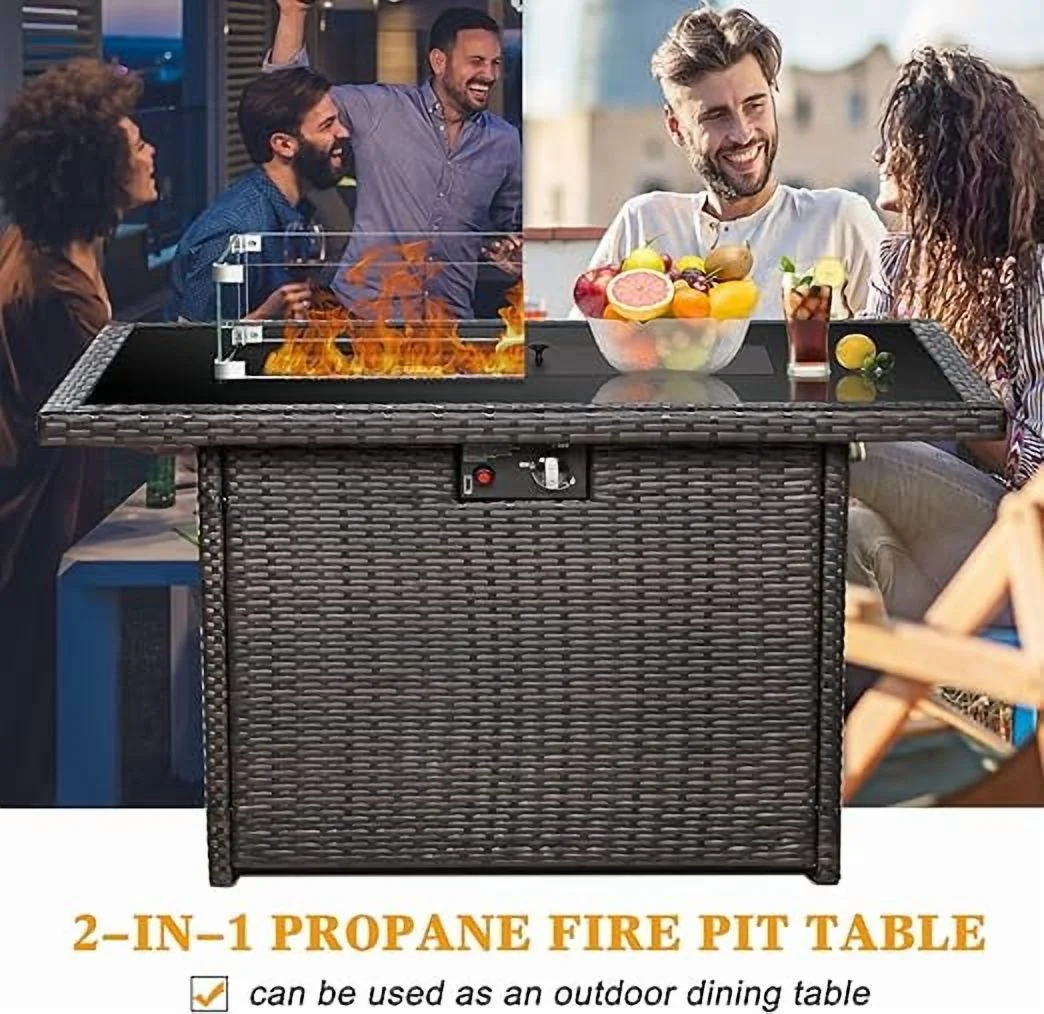 44" Propane Gas Fire Pit Table, 55000 BTU Rectangular Fire Pit with Glass Wind Guard for Outside Patio Deck Garden Backyard(Brown-Glass Top) - Image 9