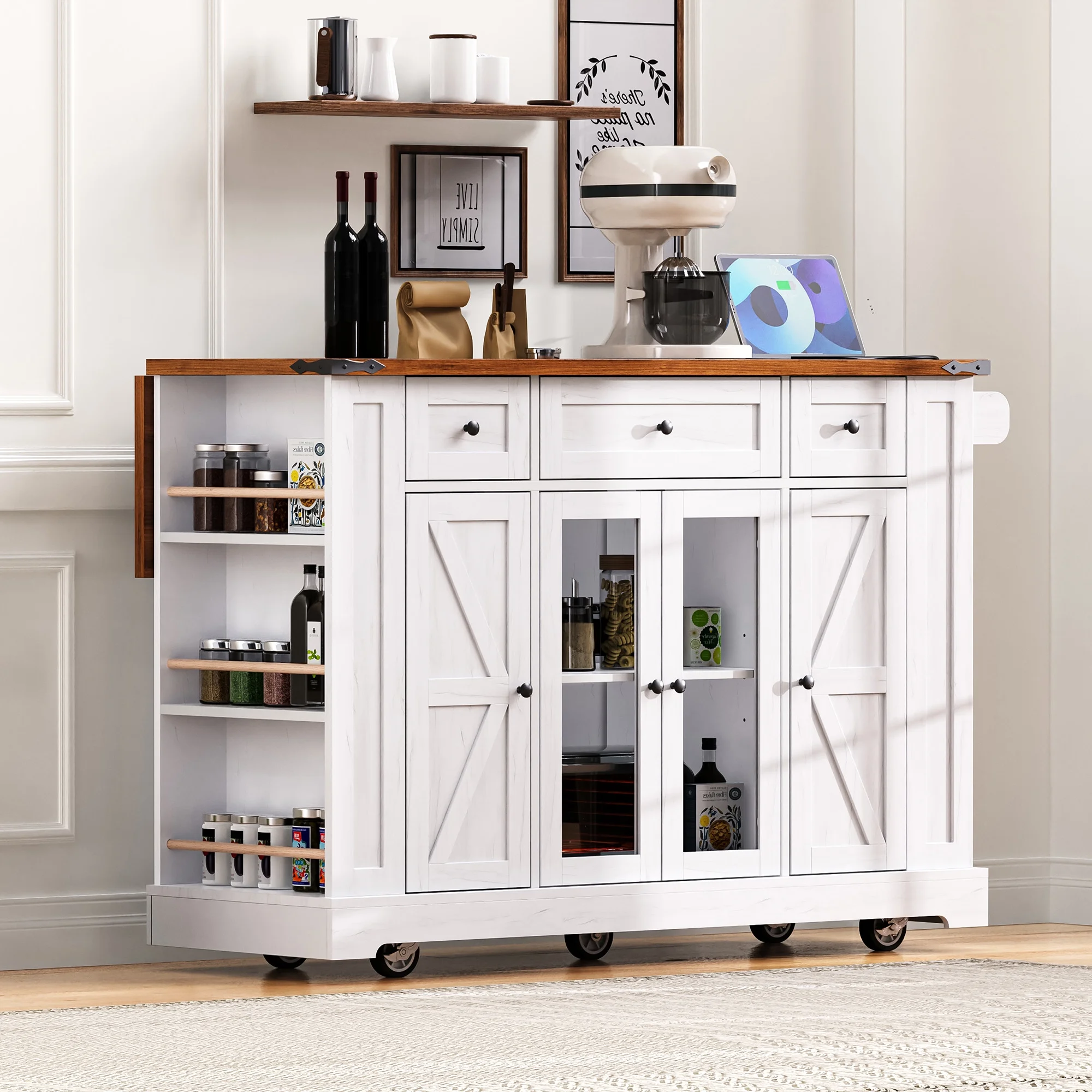 53'' Farmhouse Kitchen Island with Two Tempered Glass Cabinet Doors��Rolling Kitchen Cart on Wheels(White) - Image 4
