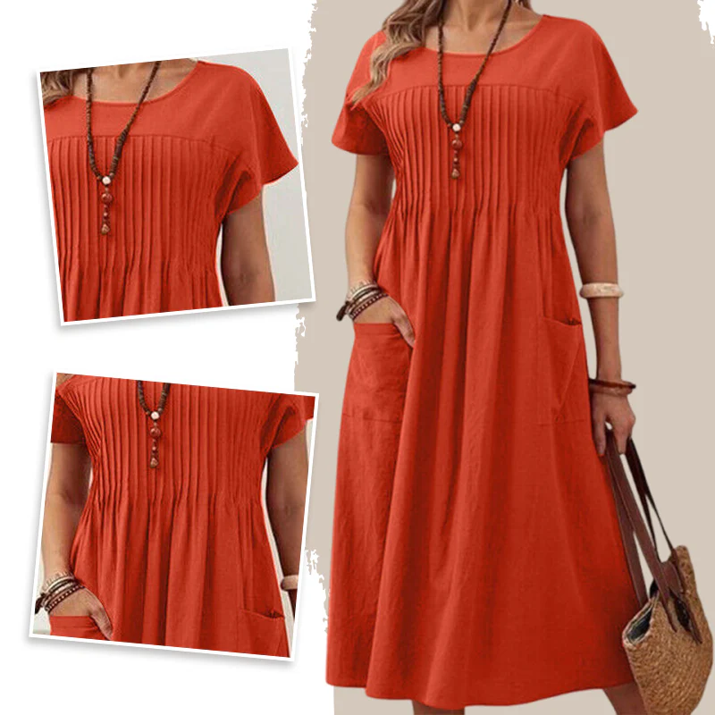 Robe mi-longue plissée à manches courtes avec poches