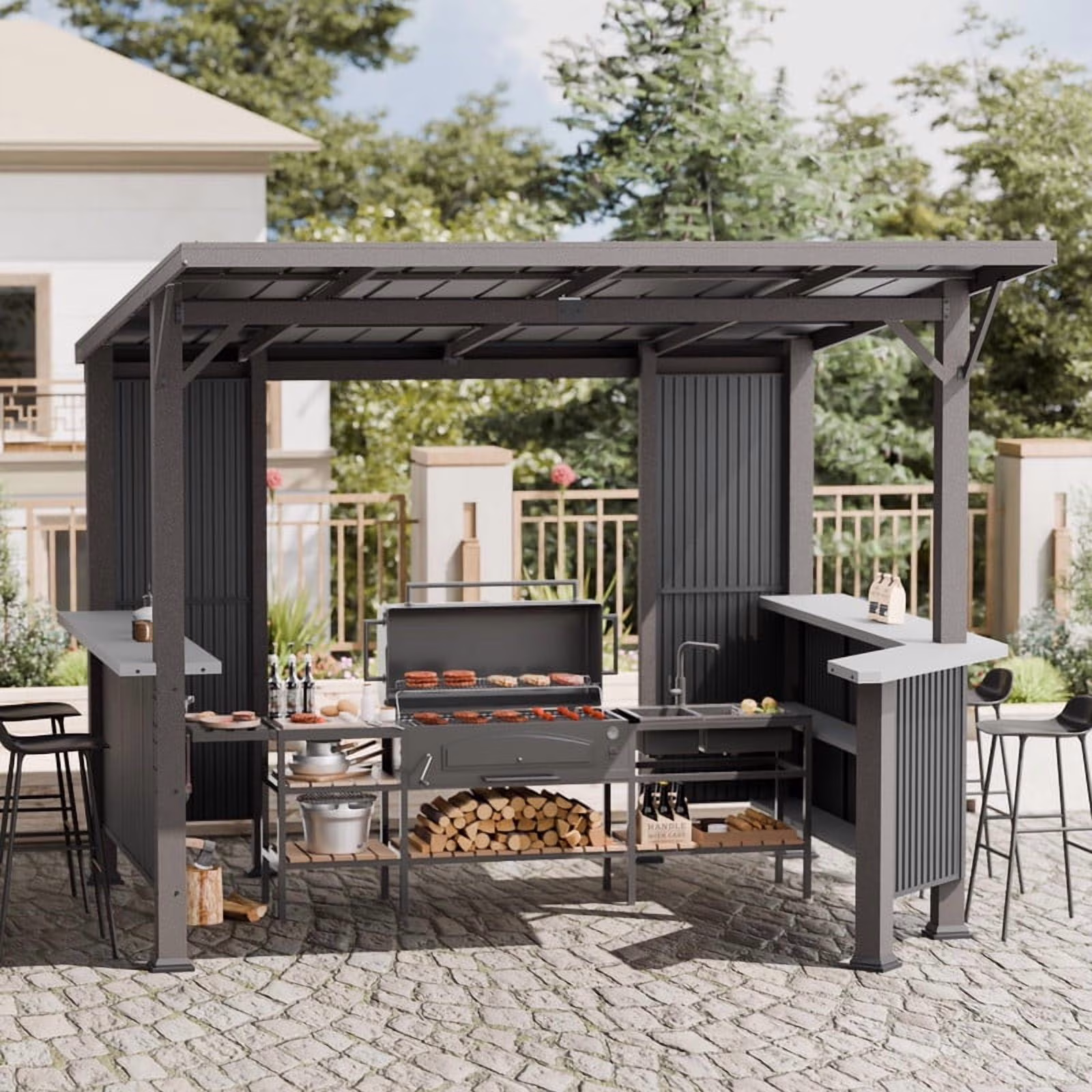 ALAULM 10' X 10' Outdoor Hardtop Grill Gazebo, Steel BBQ Gazebo with Multi-Tier Shelves Permanent & Independent Countertop for Patio Backyard Lawn Garden (Dark)