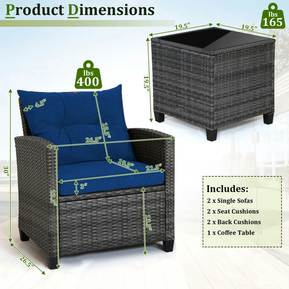 Outdoor Seating Sets,Garden Conversation Sets,3 Pieces Outdoor Wicker Conversation Set with Tempered Glass Tabletop-Navy - Image 9