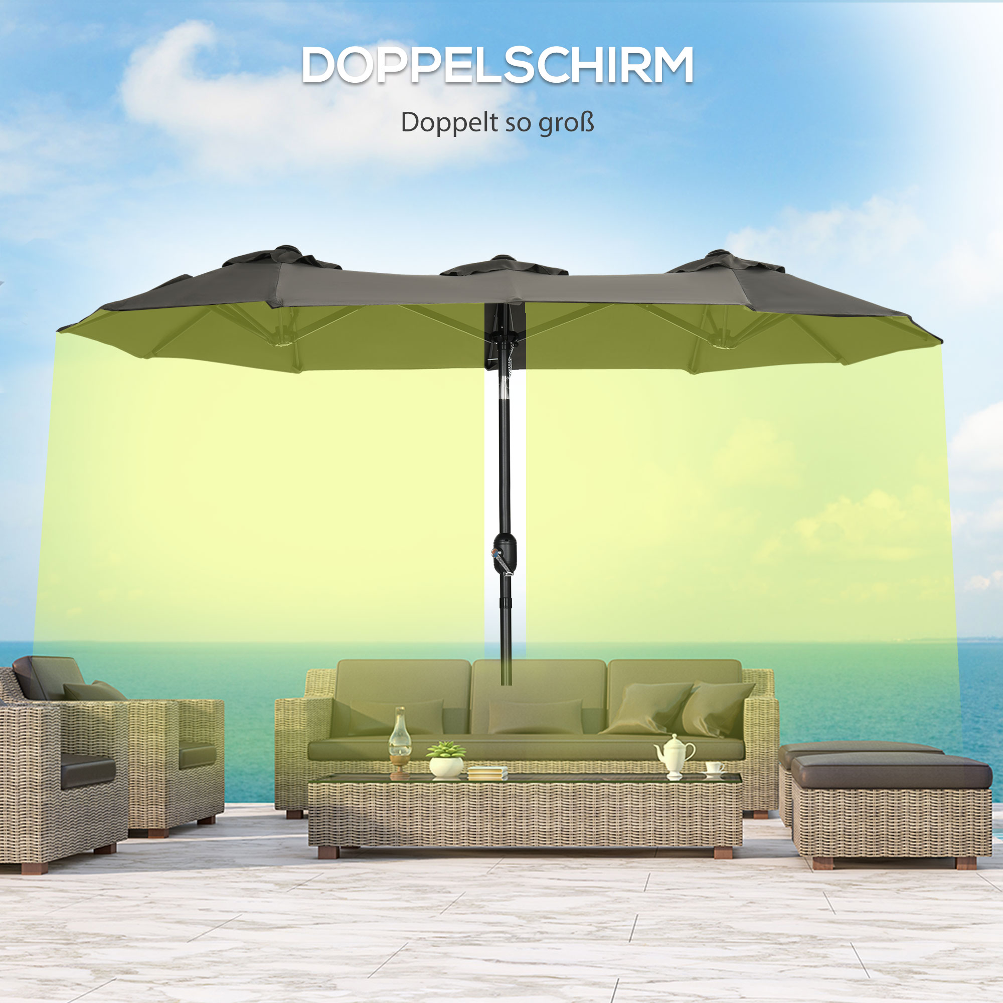 Outsunny parasol, tuinparasol, kantelbaar, met handslinger, winddak, polyester+staal, grijs, 285 x 147 cm