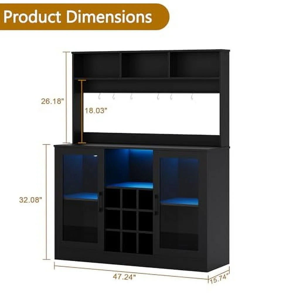 Coffee Bar Cabinet Wine Bar Cabinet with Power Outlet, 6 Hooks,9 Wink Racks and Adjustable Shelf, Liquor Cabinet Bar with LED Light, Buffet Sideboard with Storage Shelf for Kitchen, Black(Black) - Image 3