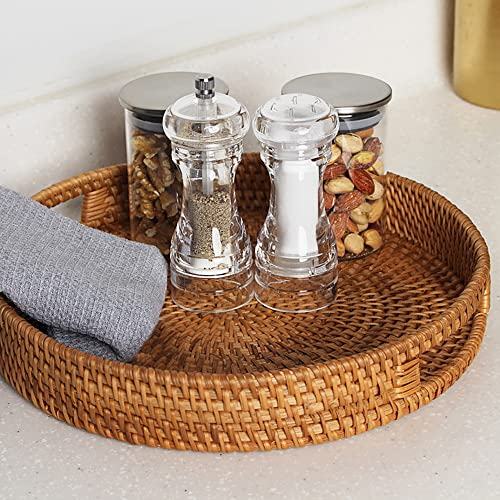 Round Rattan Tray With Handles - 14 Inch Natural Hand Woven Round Basket Tray For Decor, Large Coffee Table Basket Round Wicker Tray For Kitchen