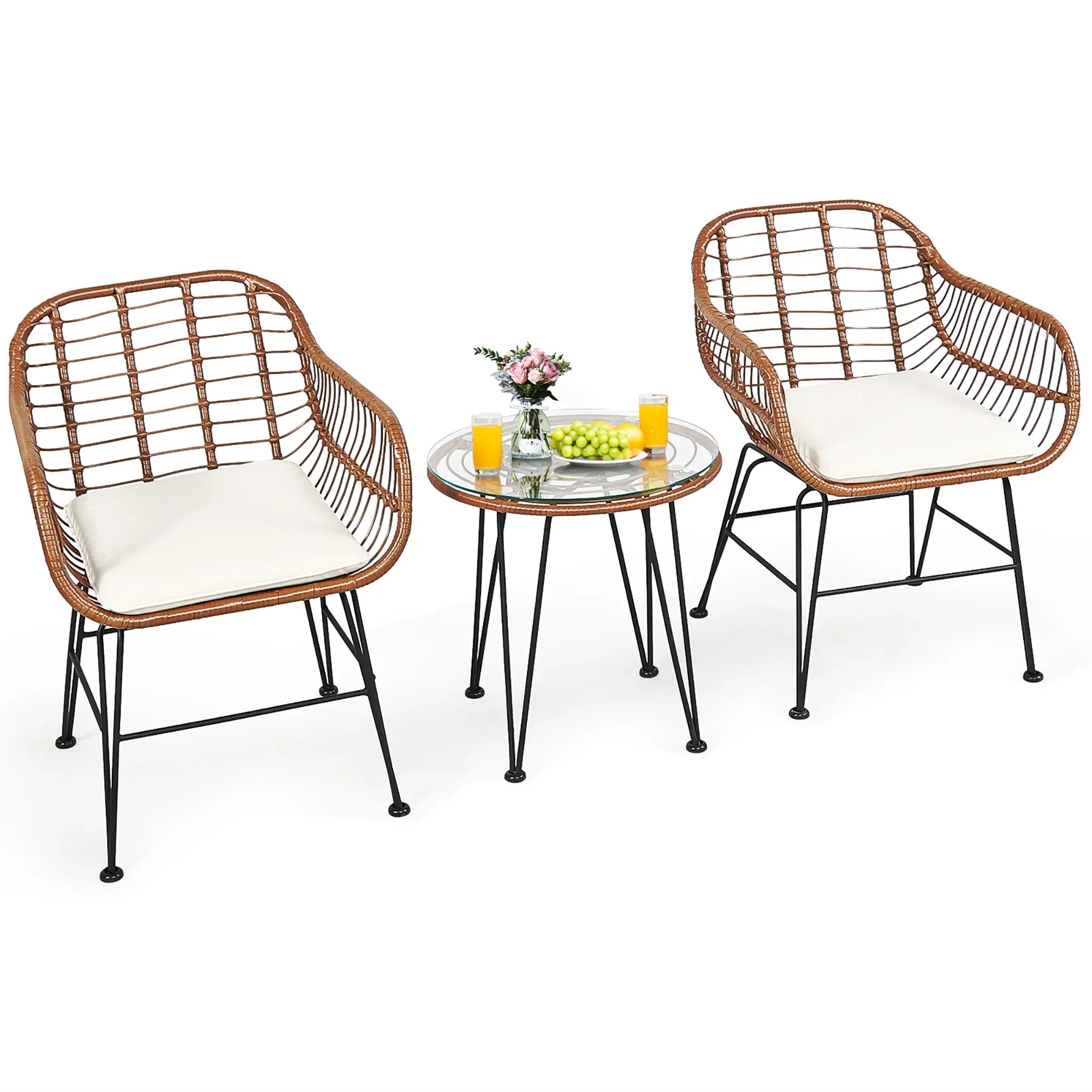Costway 3PCS Patio Rattan Bistro Set Coffee Table Armchair Garden Red Cushion