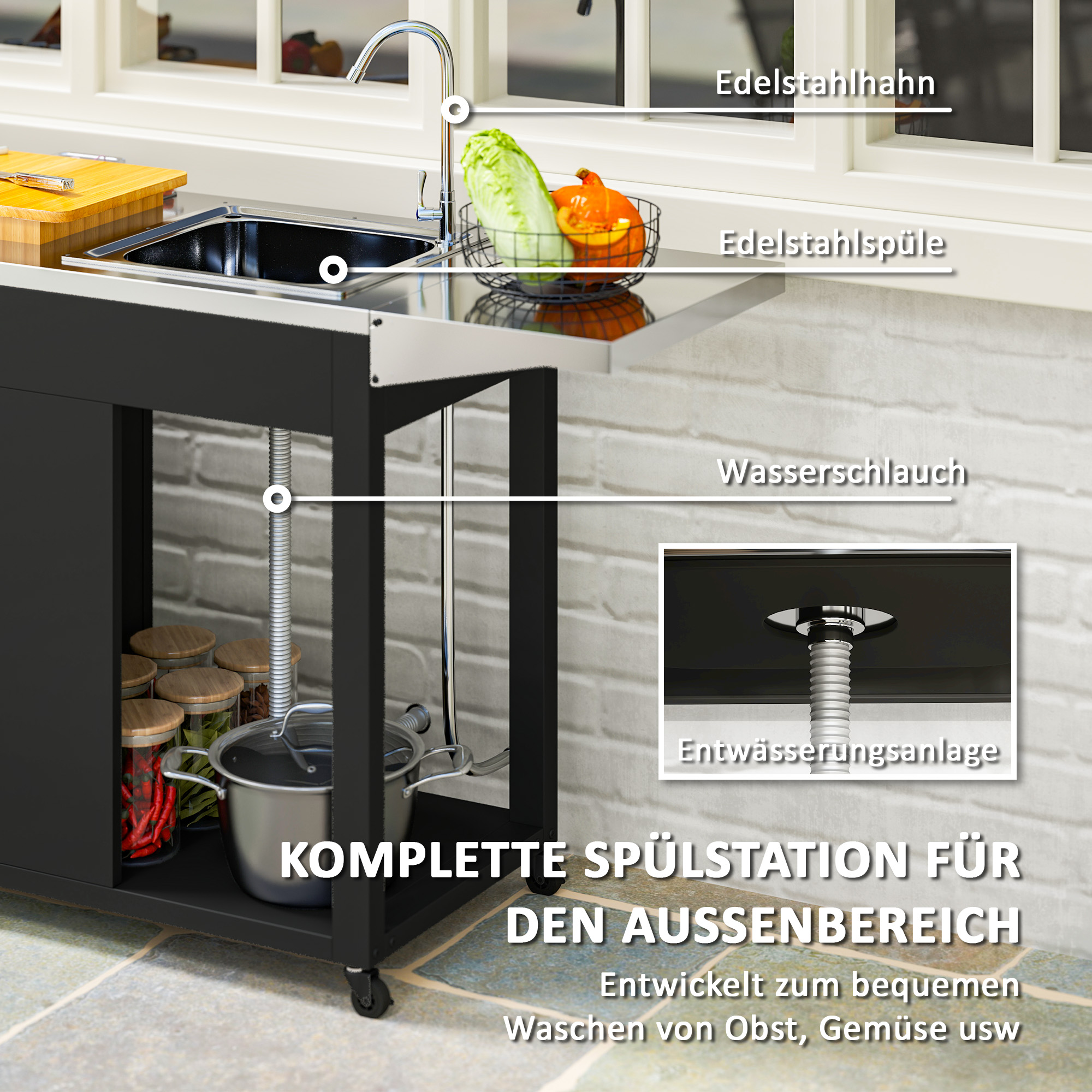 Outsunny Grillwagen Serveerwagen met Werkblad, Uitklapbare Zijplank, Kast, Spoelbak, Wielen, Roestvrij Staal 162,5x47x87cm Zwart