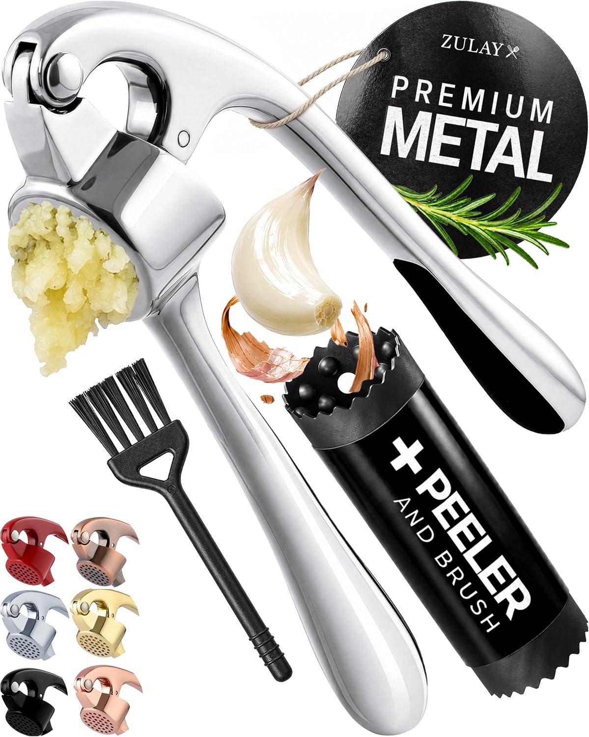 Zulay Kitchen Premium Garlic Press Set - Rust Proof Professional Garlic Mincer Tool - Easy-Squeeze, Easy-Clean with Soft, Ergonomic Handle - Silicone Garlic Peeler & Brush (Silver)