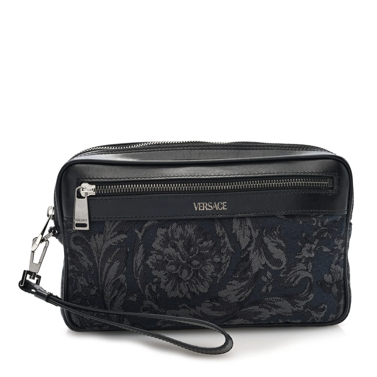 Fabric Jacquard Calfskin Barocco Wristlet Pouch Black