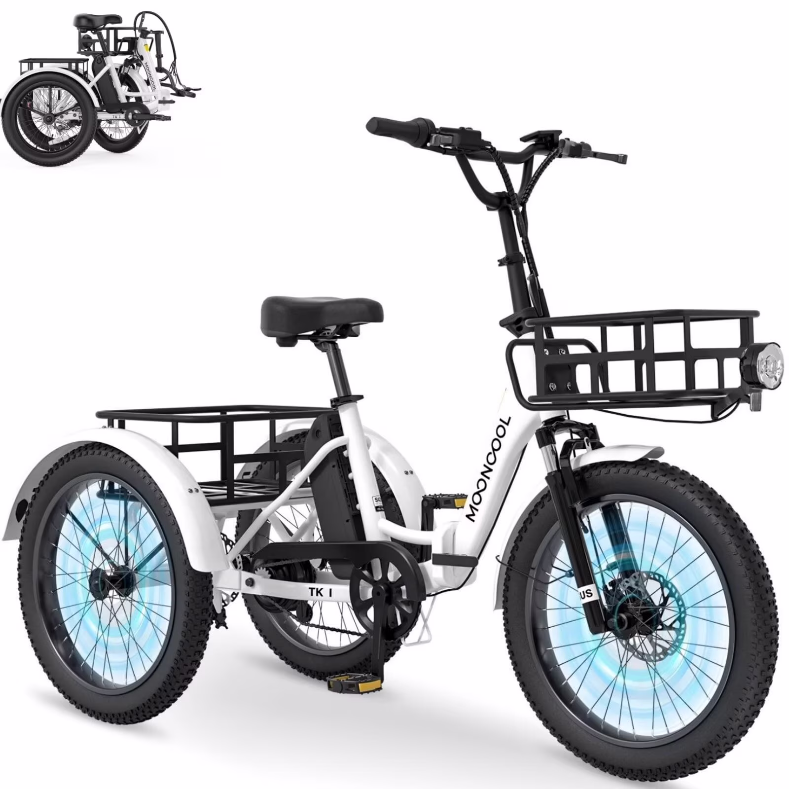 TK1 Folding Electric Tricycle for Adults,48V 14 5Ah Removable battery, 500W(Peak 1000w)Motor, 20" Fat Tire Step Thru 3Wheel Electric Bicycle w/FrontRear Baskets, Certified to UL 2849 by SGS(Orange) Image 7