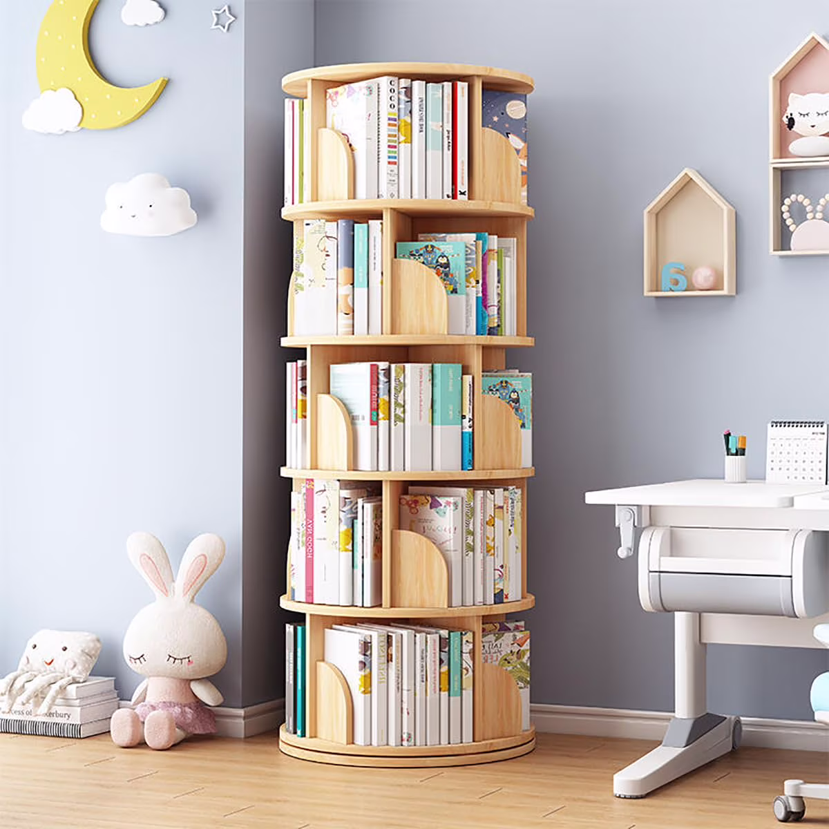Rotating Bookshelf Tower, 4/5 Tier Circular Bookcase for Kids&Adults, Wood 360 Floor Standing Book Storage Rack, Spinning Bookshelfs Tower for Classroom Playroom Study Bedroom