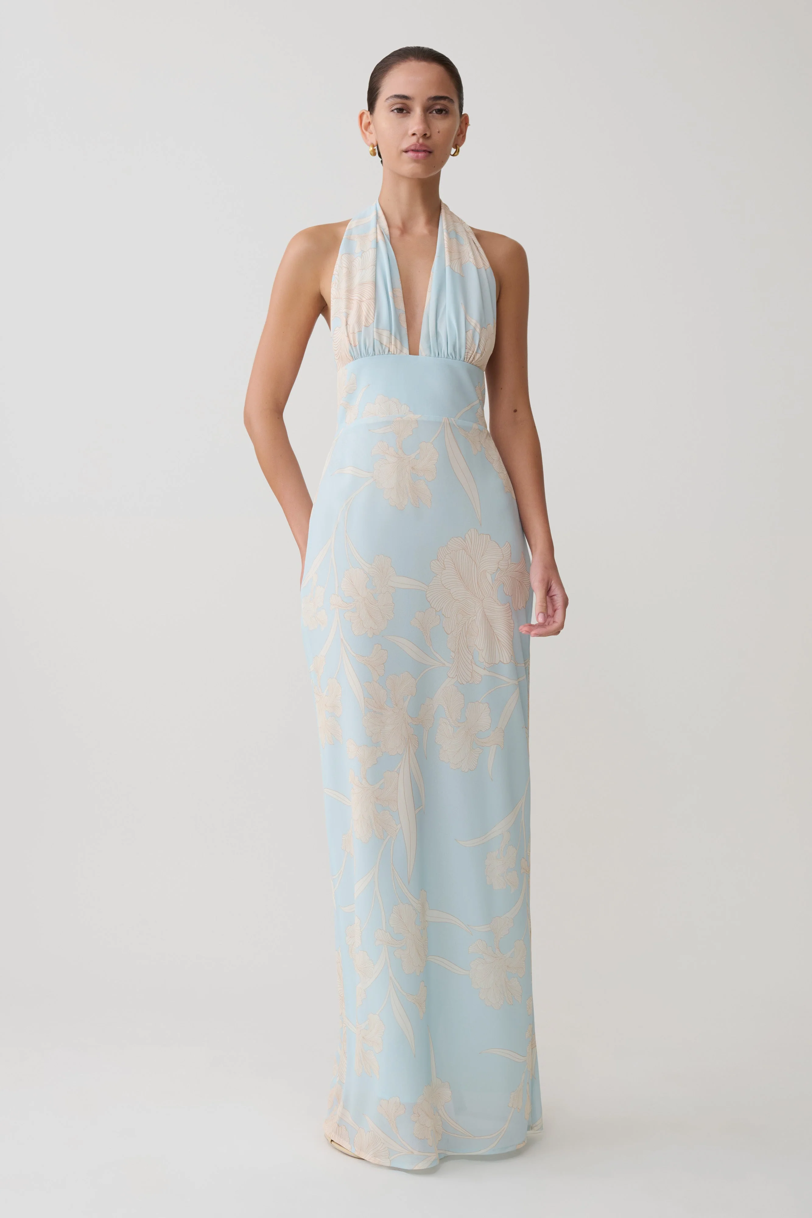 Nadine Halter Scarf Chiffon Maxi Dress - Blue Floral Print