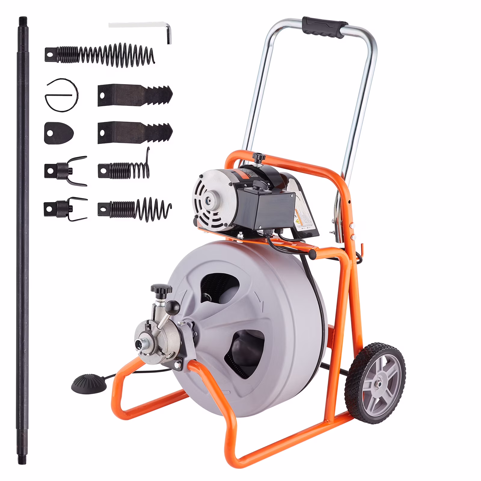 Drain Cleaning Machine, 100FT x 1/2 Inch, Self-feeding, Mobile Drain Auger with 8 Blades Pneumatic Foot Pedal, Ideal for 2"-4" Pipes
