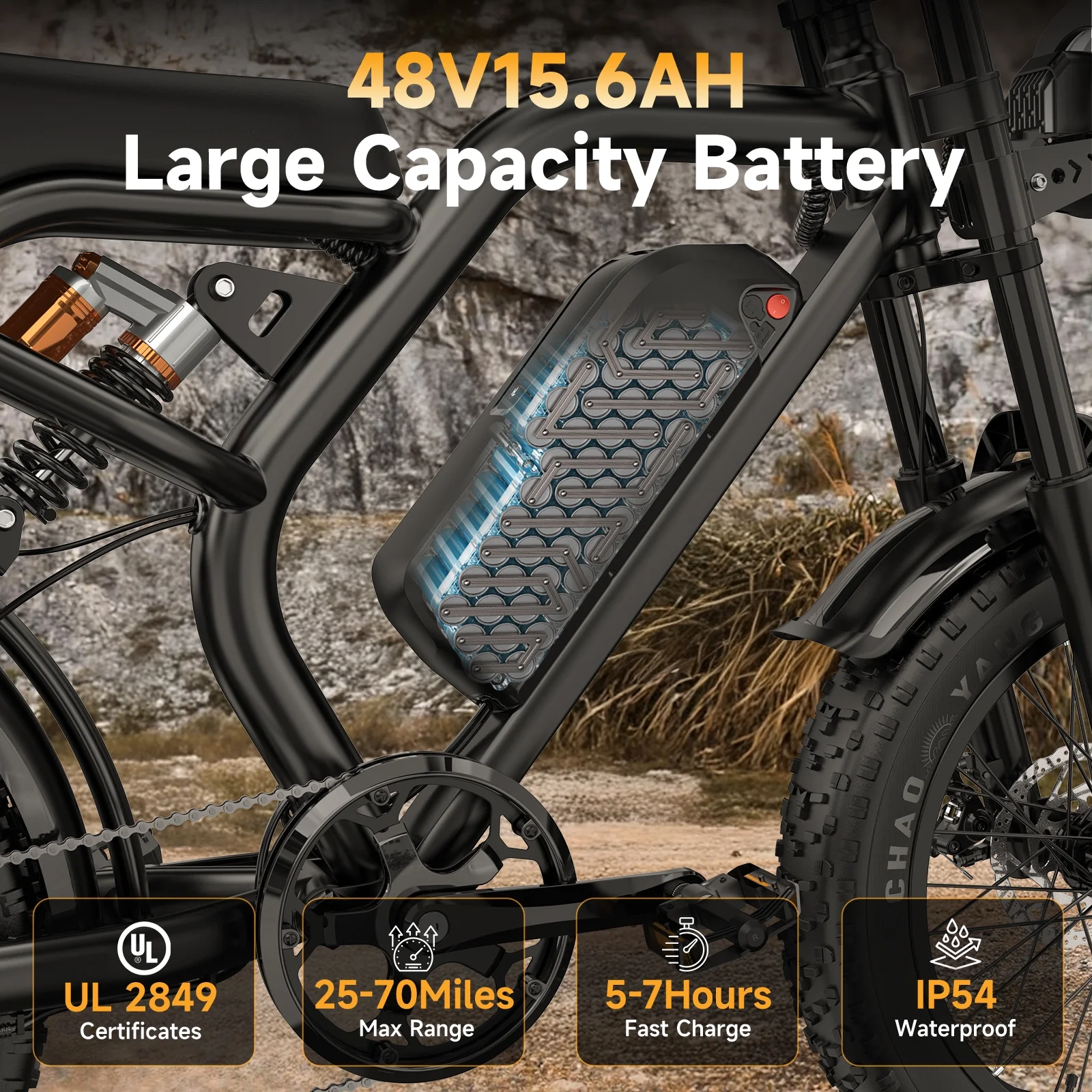 Electric Bike for Adults, 1500W Peak Fat Tire Ebike 20″×4″ Snow-Tread, 48V 15.6Ah Removable Battery, 32MPH, Dual Suspension, 7-Speed, Hydraulic Disc Brakes, Bonus Accessories - Image 5