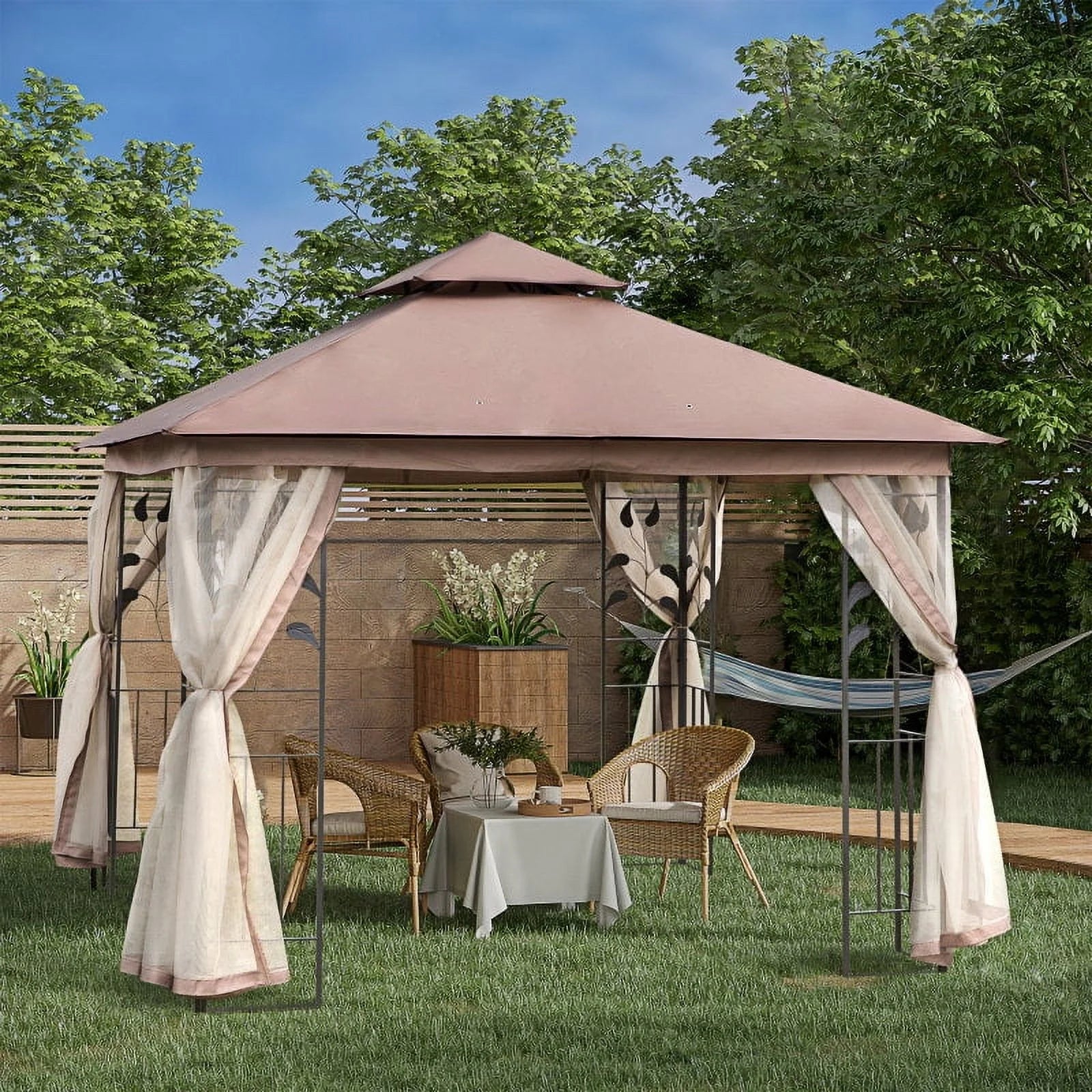 Outsunny 10' x 10' Metal Patio Gazebo, Double Roof Outdoor Gazebo Canopy Shelter with Tree Motifs Corner Frame and Netting, for Garden, Lawn, Backyard, and Deck, Brown On-Site