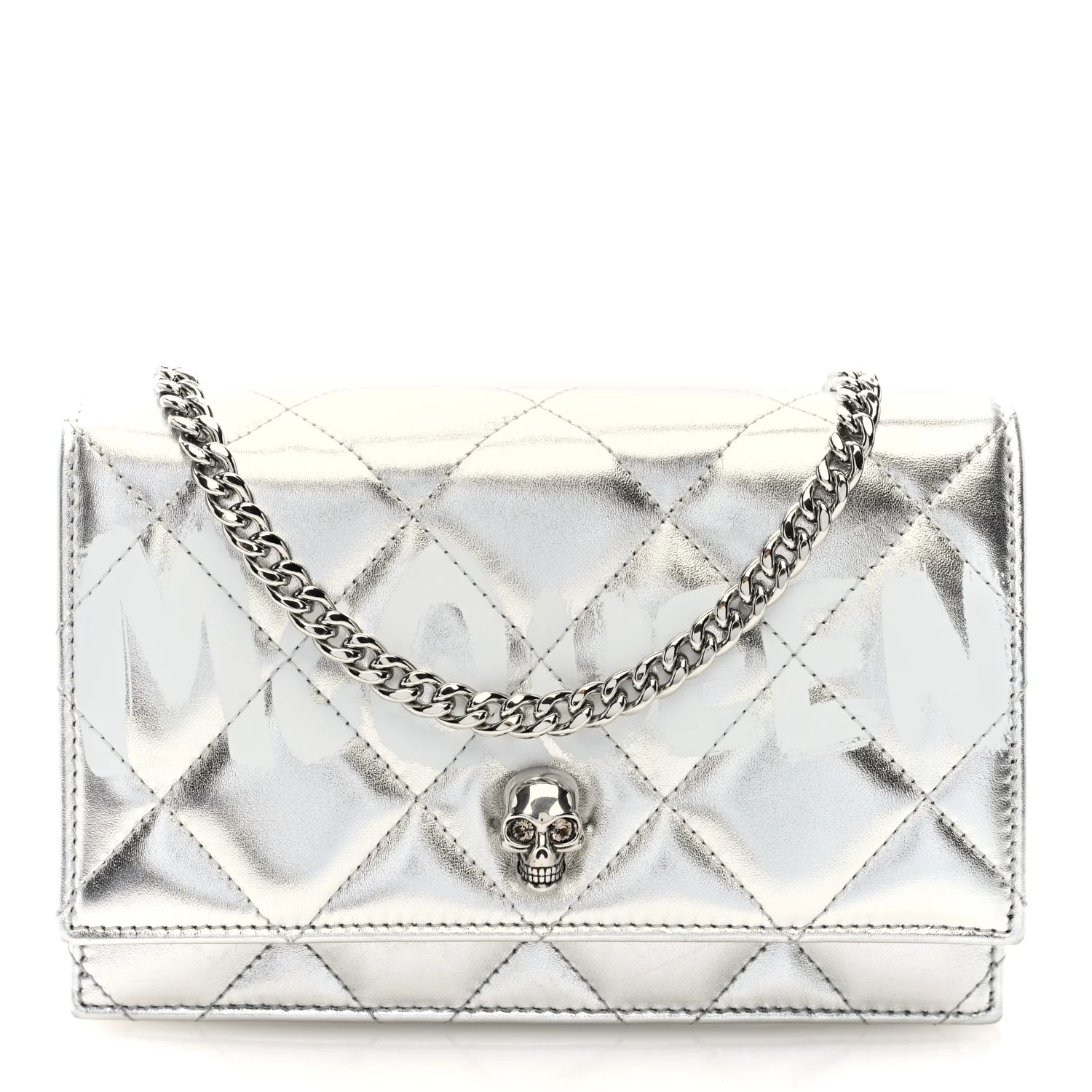 Metallic Calfskin Quilted Graffiti Skull Small Chain Crossbody Bag Silver