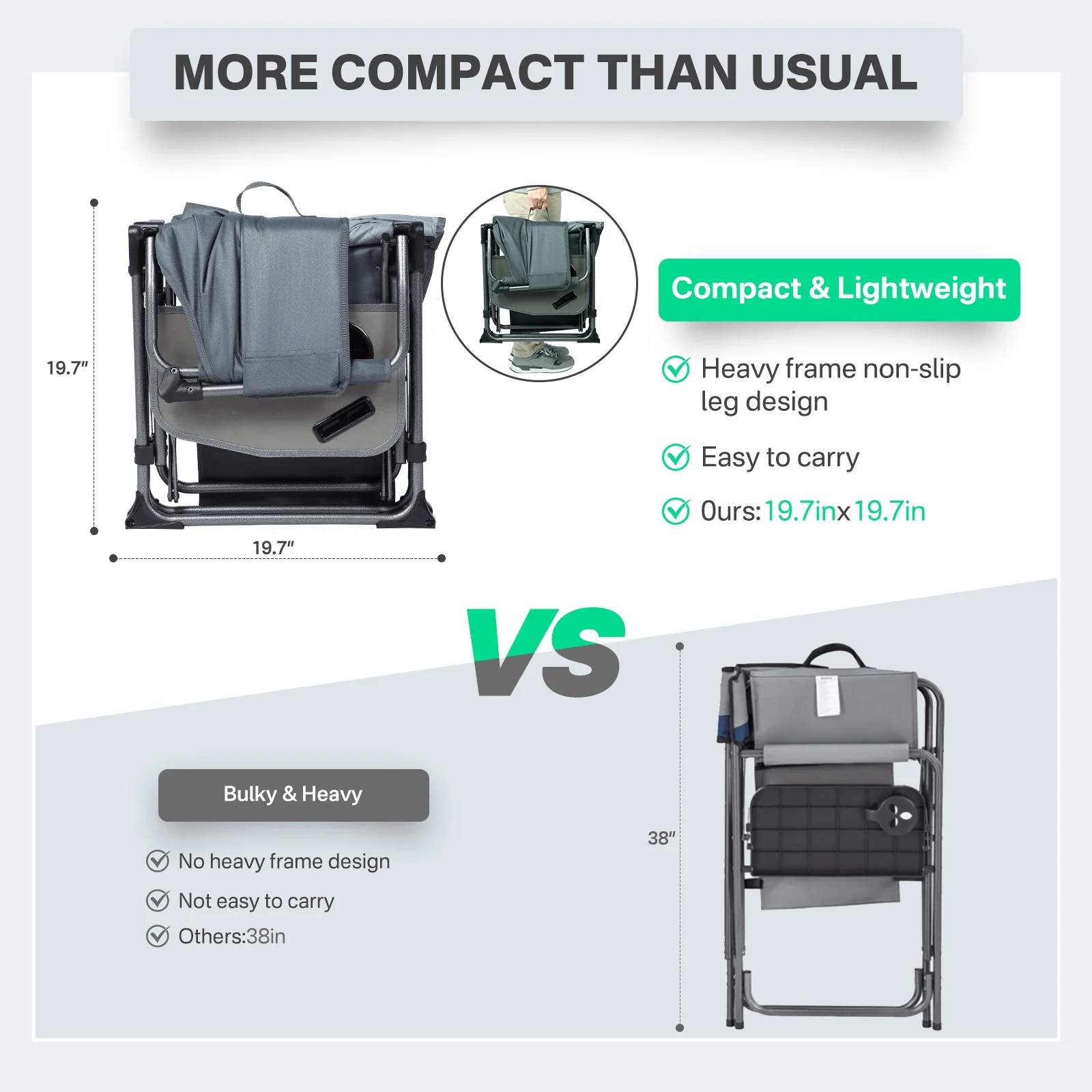 TIMBER RIDGE Portable Director Chair, Heavy Duty Camping Folding Chair with Compact Size with Side Pocket and Side Table, Support 400 lbs, Grey(1/Gray) - Image 3