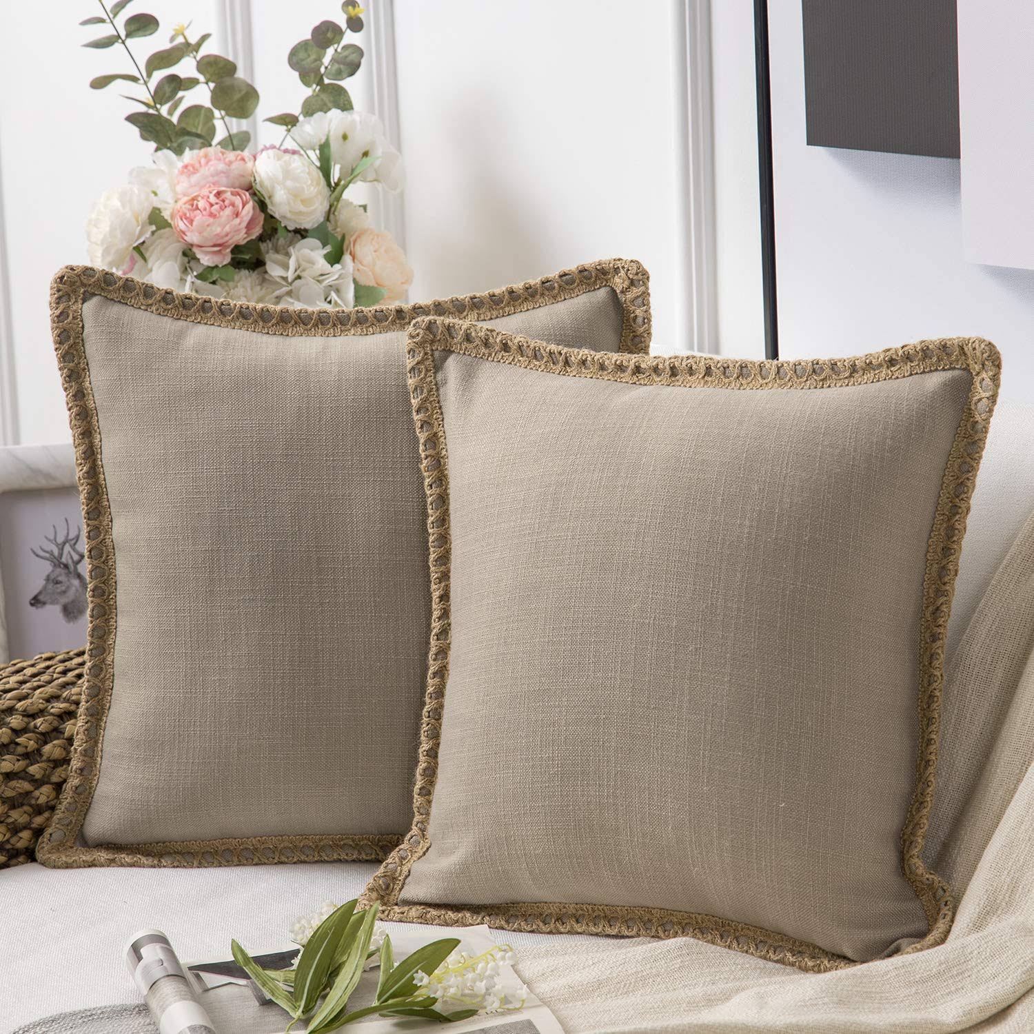 Phantoscope Pack of 2 Farmhouse Decorative Throw Pillow Covers Burlap Linen Trimmed Tailored Edges Beige 18 x 18 Inches, 45 x 45 cm