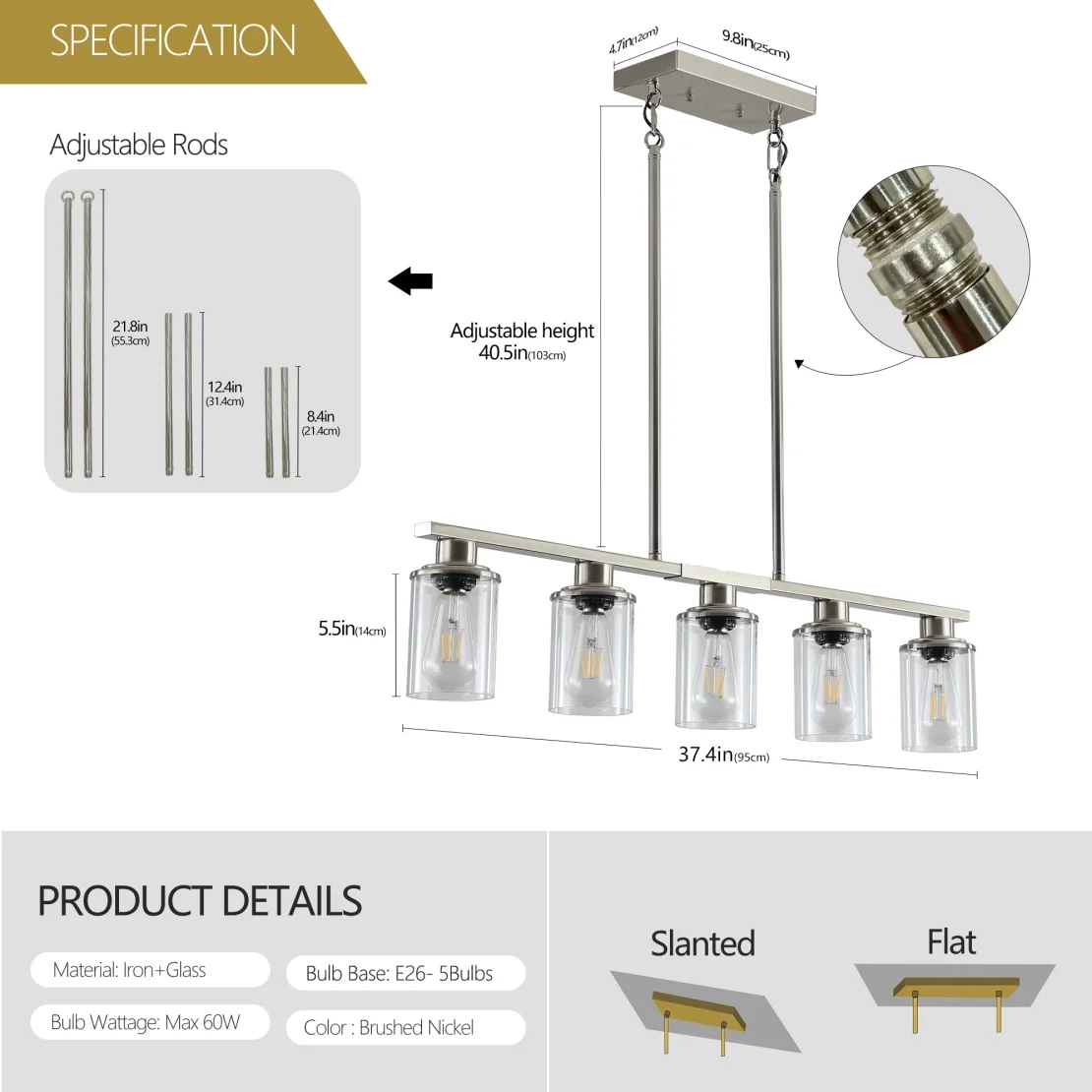 5-Light Kitchen Island Pendant Light, Farmhouse Industrial Chandeliers with Two Metal Rod Supports, Rectangular Island Lights for Kitchen, Living Room, Walnut/Black