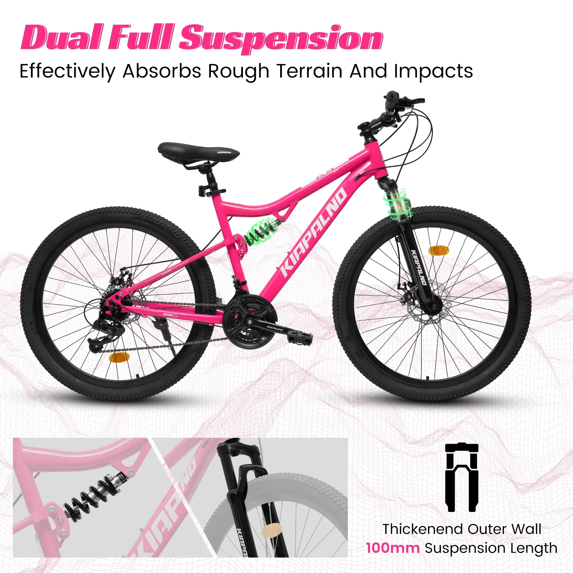26 Inch Mountain Bike Dual Full Suspension, Shimano 21-Speed Mountain Bicycle with Dual Disc Brakes and Carbon Steel Frame, Trail Beach Snow Commuter City Bike for Adult Men Women, Black