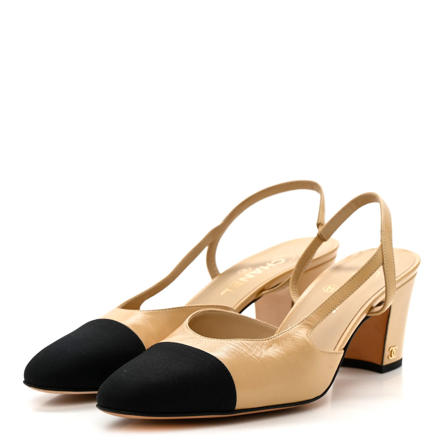 Goatskin Grosgrain Cap Toe CC Slingback Pumps 41 Beige Black