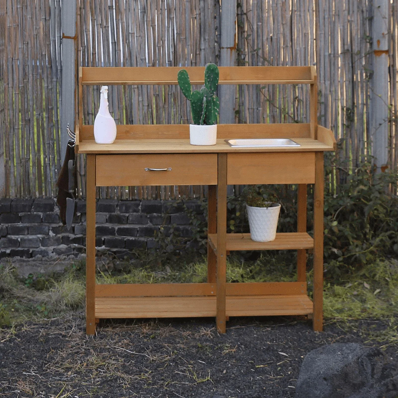 VEIKOUS Wood Potting Bench Garden Table w/ Removable Stainless Sink & Shelves, Natural