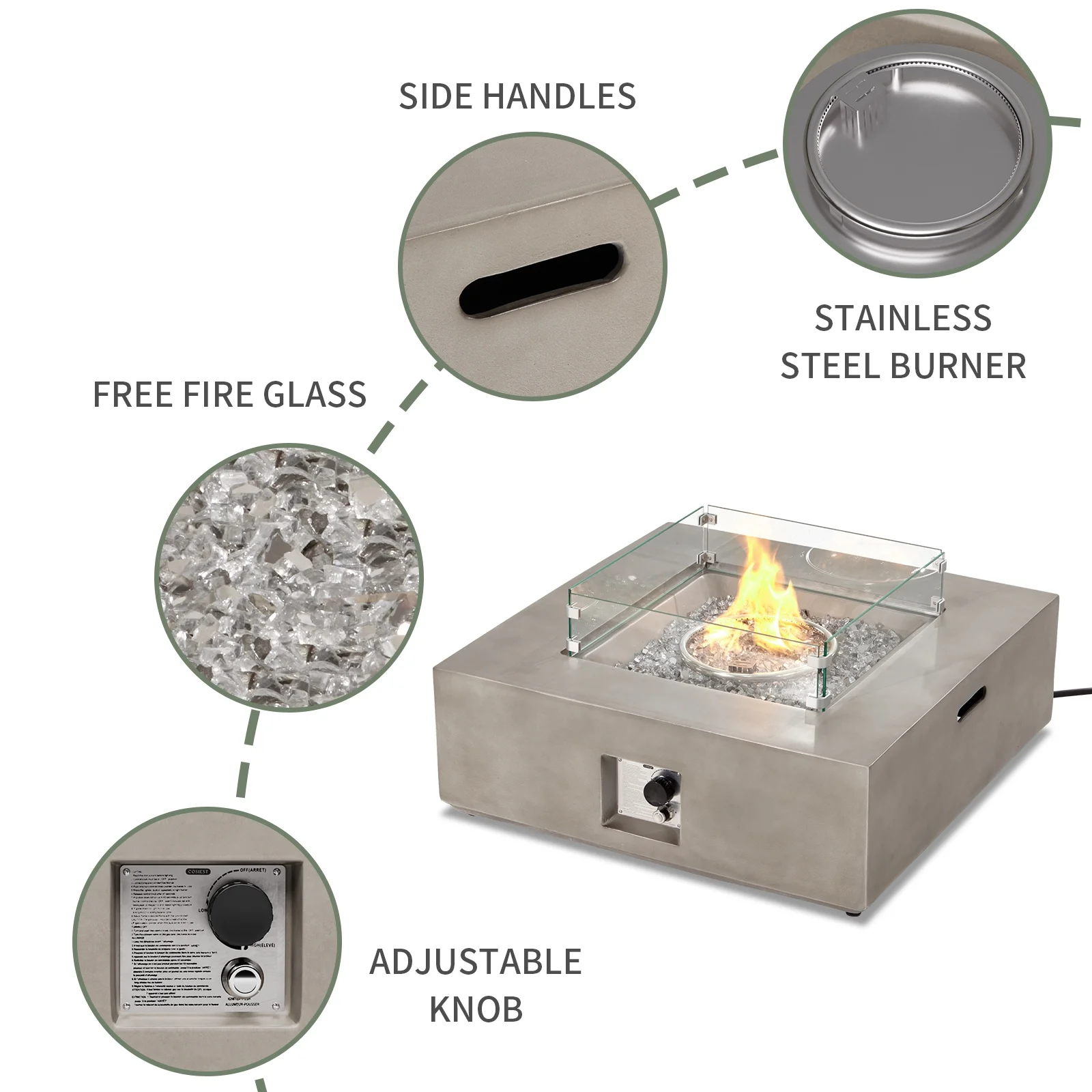 35" Square Concrete Fire Pit Table with Fire Glass Wind Guard(Brown/Blue Fire Glass) - Image 5