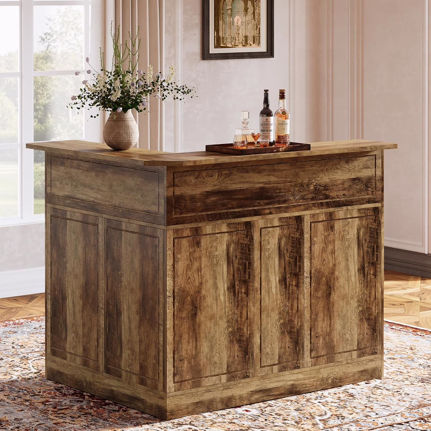 Bar Cabinet, L-Shaped Home Bar Table with Stemware Racks(Black) - Image 5
