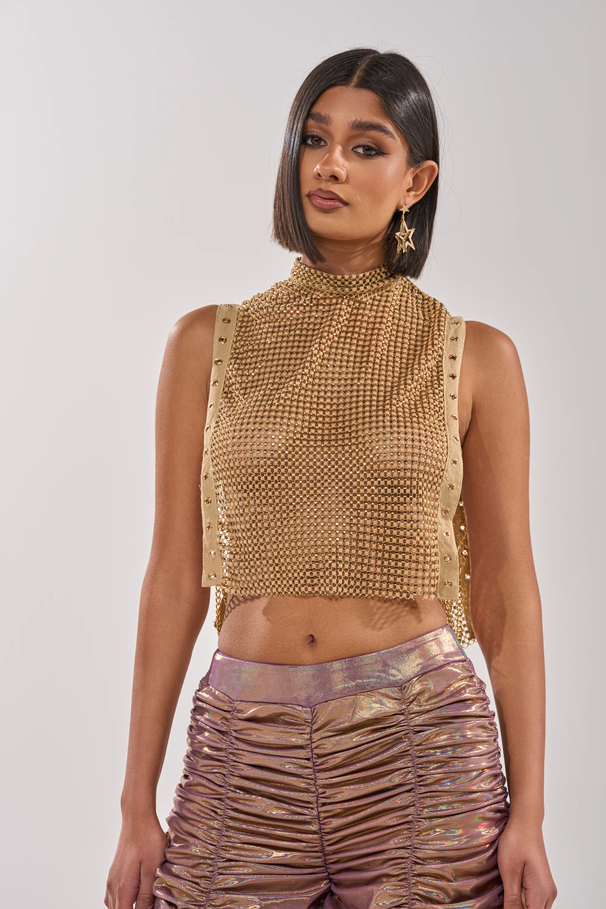 TEARS IN THE CLUB OPEN SIDES MOCK NECK RHINESTONE MESH BLOUSE - Akira Store