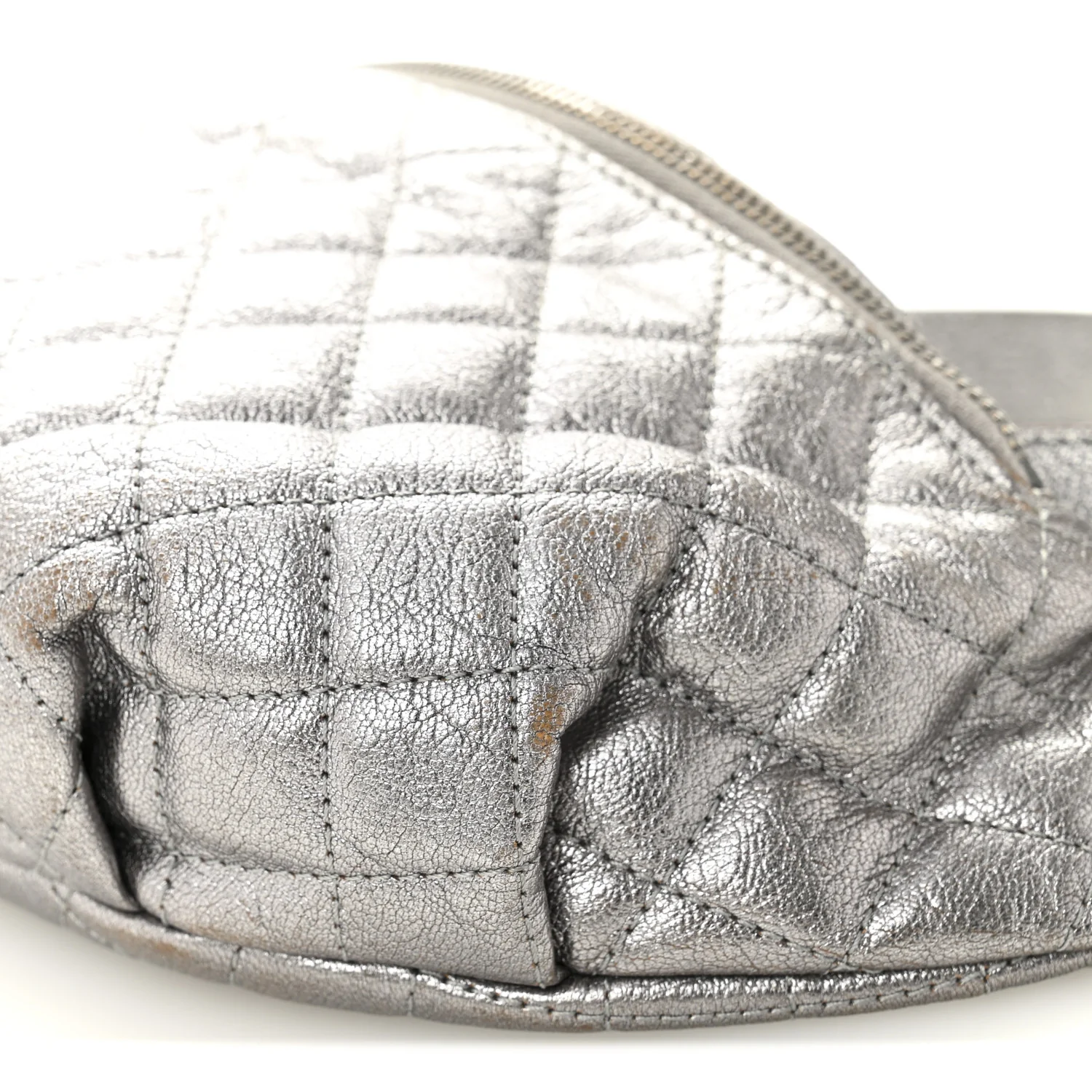 Metallic Calfskin Quilted Banane Waist Bag Fanny Pack Dark Silver