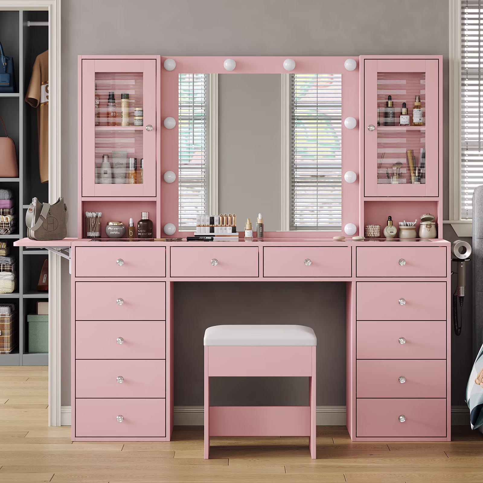 Vanity with Power Outlet, Vanity Desk with Mirror and 10 LED Lights, Makeup Vanity with 12 Drawers and 2 Cabinets, Fold - up Panel, Glass Top Vanity Table with Chair for Bedroom