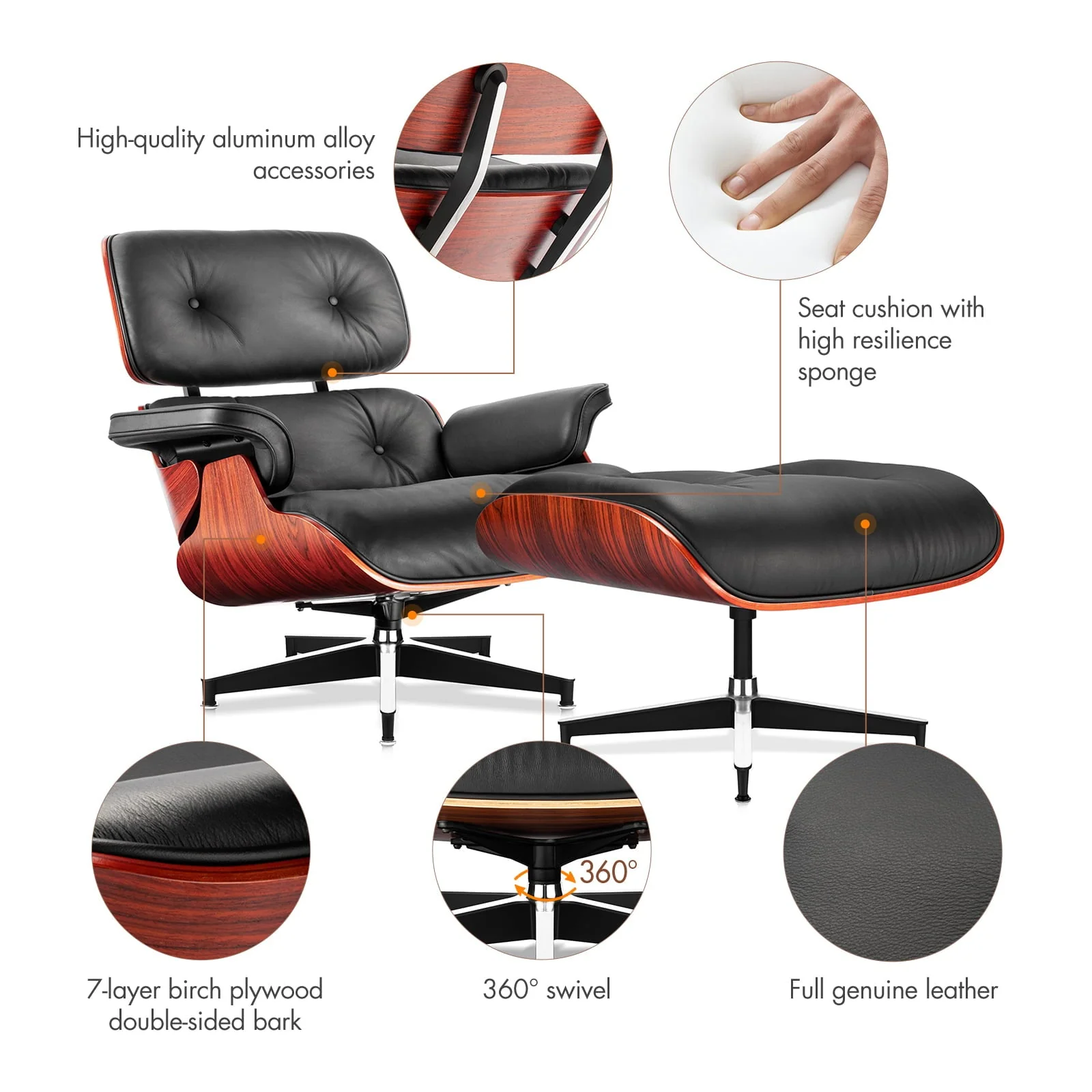 Mid Century Accent Chair and Ottoman Reclining Lounge Chair Upholstered Modern Armchair W/Dark Roséwood Frame, Metal Legs, Black