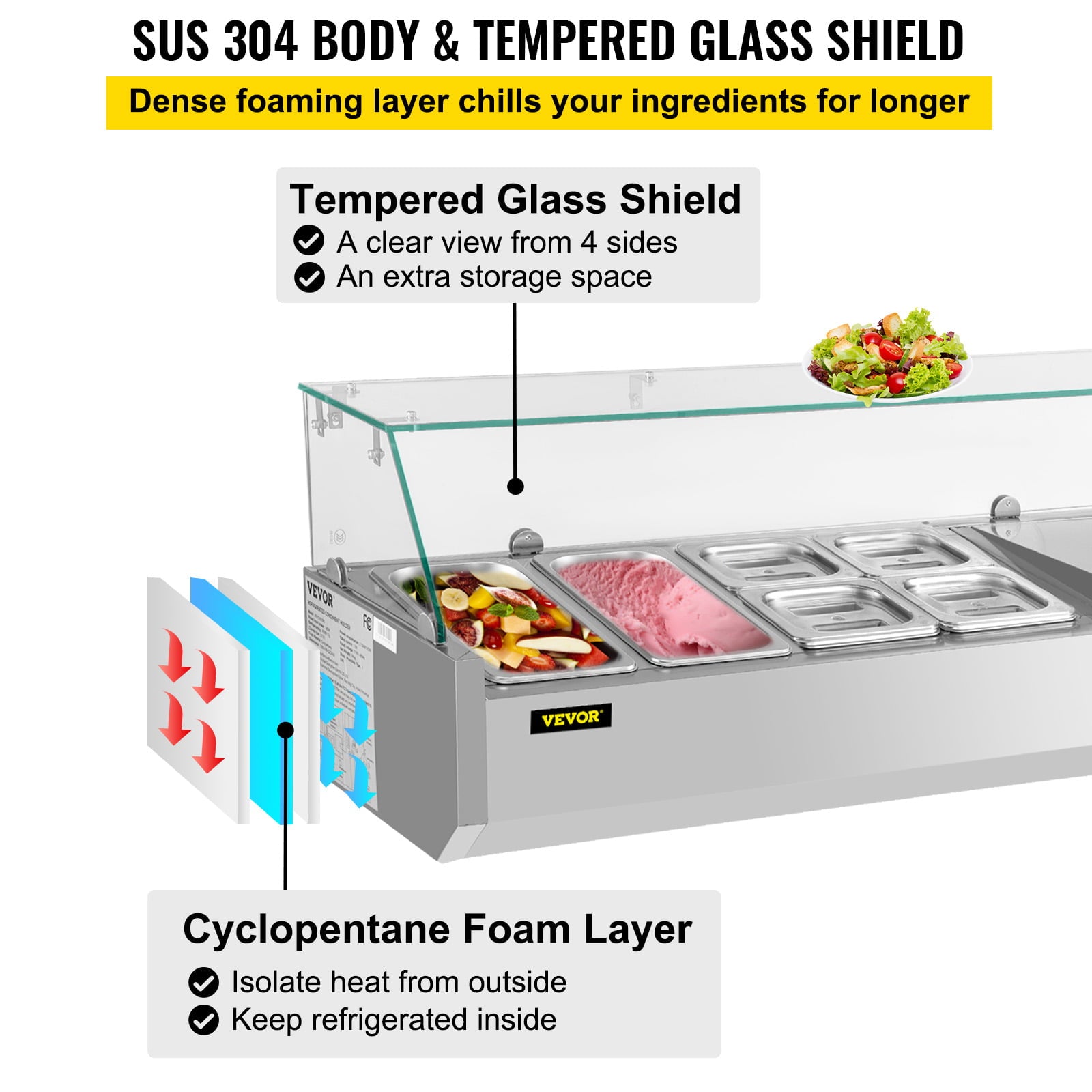 Refrigerated Condiment Prep Station. 48-inch. 10.8Qt Sandwich / Salad Prep Table w/ 3 1/3 Pans & 4 1/6 Pans. 146W Salad Bar w/ 304 Stainless Body Tempered Glass Shield Digital Panel Auto Defrost