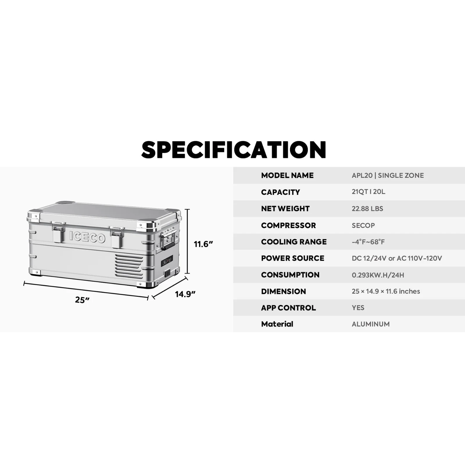 APL20 Light Duty Aluminum Silver Freezer Single Zone | ICECO | 20 LT