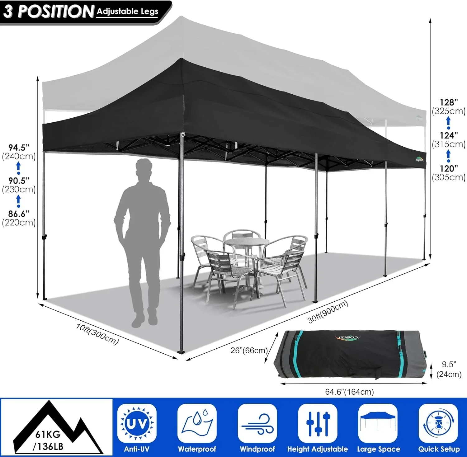 Tente pliante robuste COBIZI 10x20, 6 parois latérales, pour événements commerciaux, mariages et réceptions