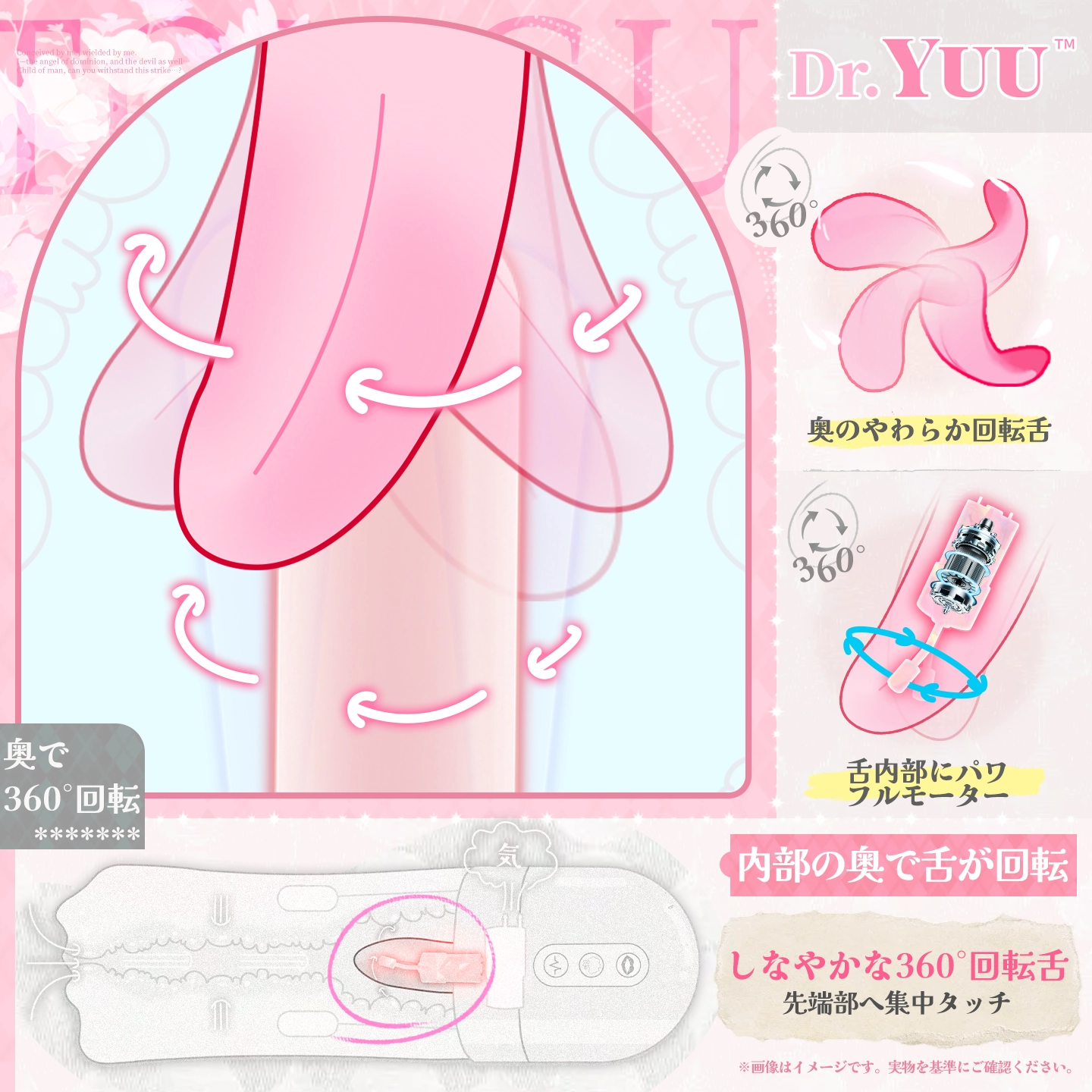 奥で360°回転する舌ギミックを描いたDr.YUU旋吸おくち電動オナホール画像。