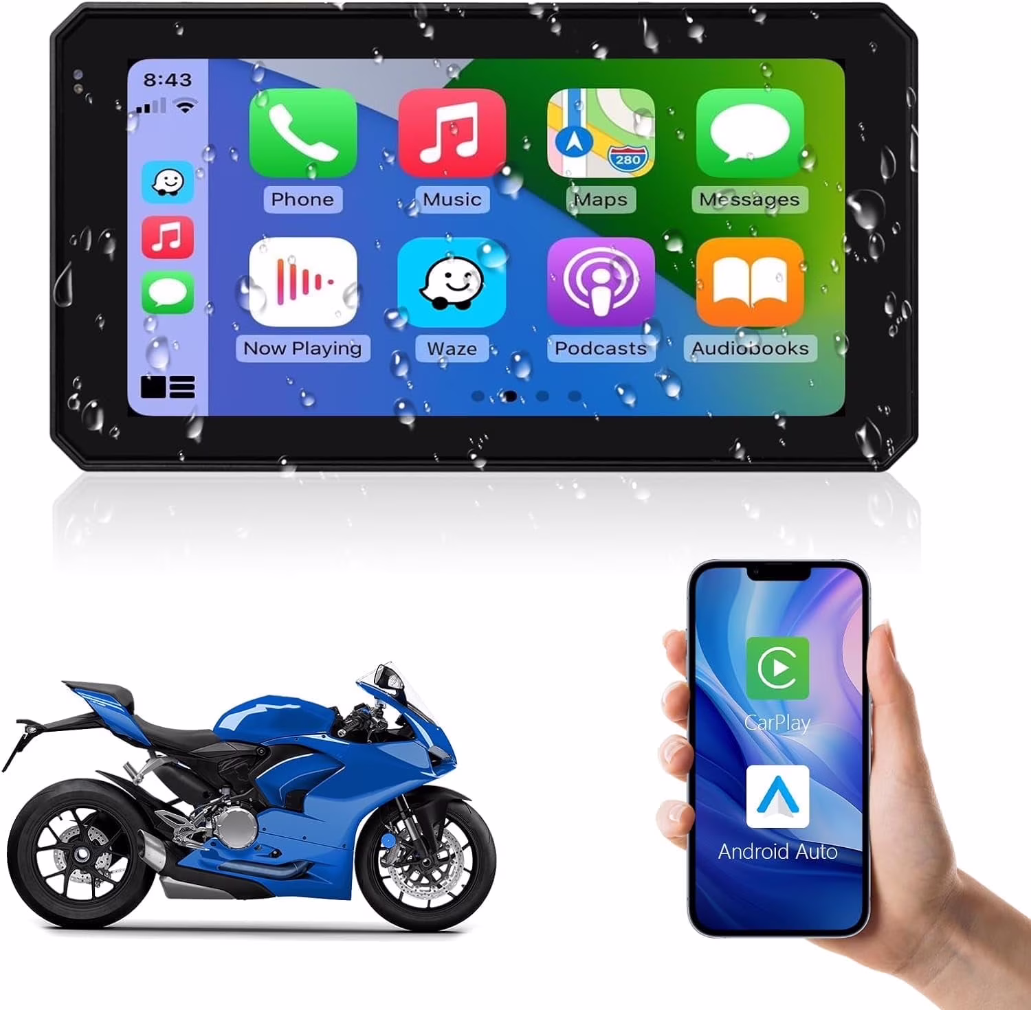 Wireless CarPlay Wireless Android Auto Touchscreen for Motorcycle, Waterproof 5.98 Inch Touch Screen Device GPS Navigation for Motorbike, Stereo Receiver Bluetooth Monitor(5")