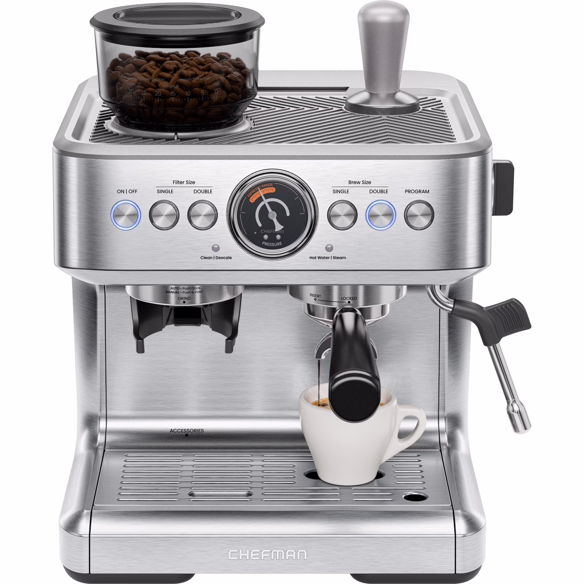 Chefman Crema Supreme Espresso Machine with Conical Burussian River Grinder and Steam Wand A?? Stainless Steel, New