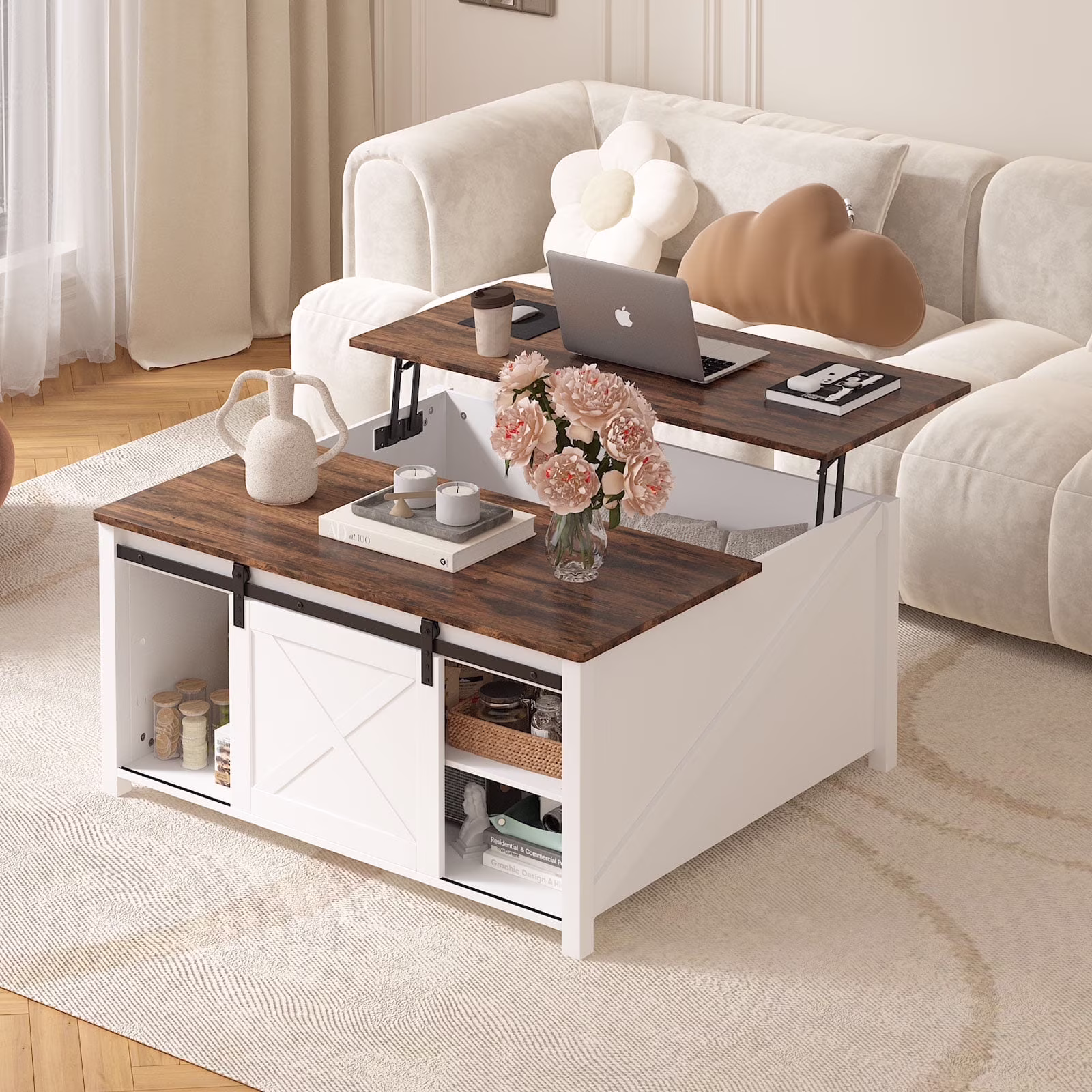 Wooden Coffee Table, Lift Top Coffee Table with Large Hidden Storage Shelf for Living Room(White)