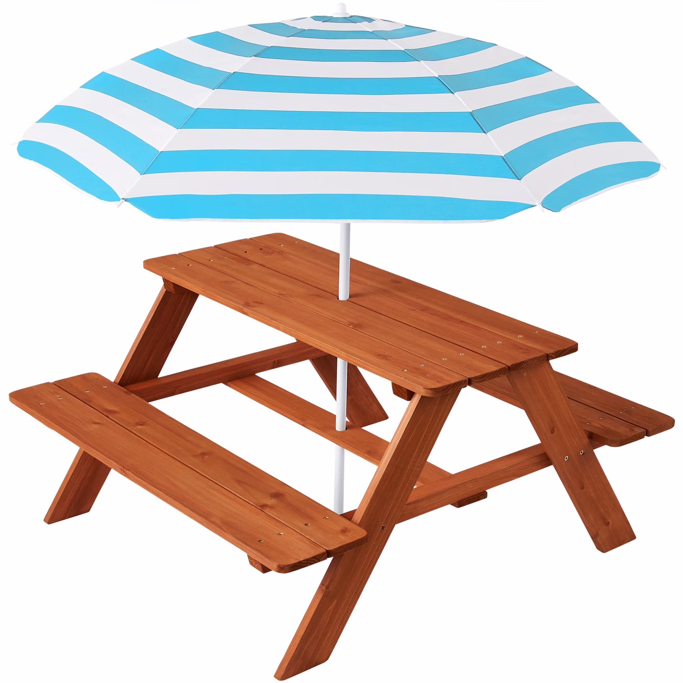 Best Choice Products Kids Wooden Picnic Table, Outdoor Activity Table w/ Adjustable Umbrella, Seats - Golden Brown/Aqua(Golden Brown/Aqua)