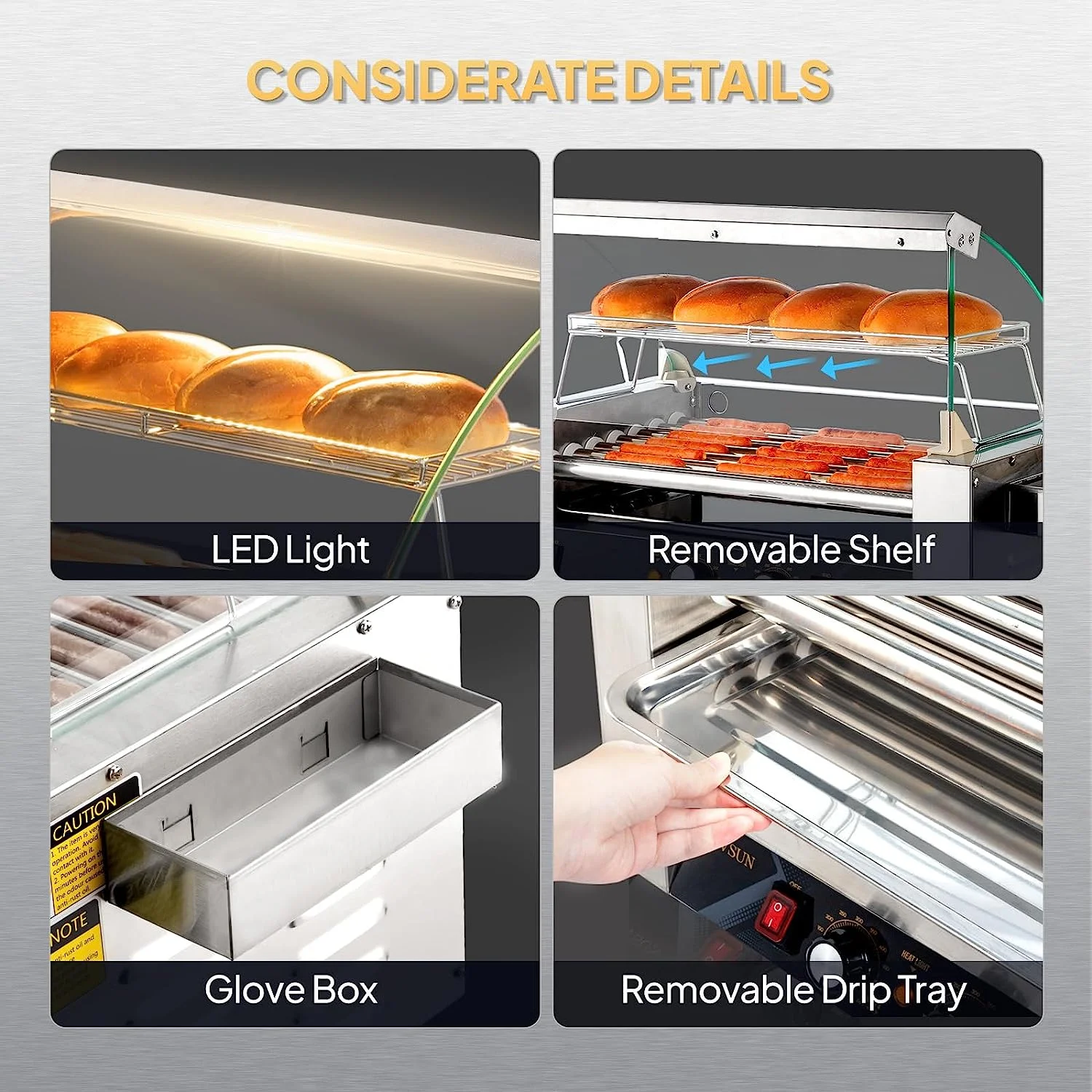 1050 W 18 Hot Dog Capacity Commercial Hot Dog Roller Grill(7 Roller) - Image 9