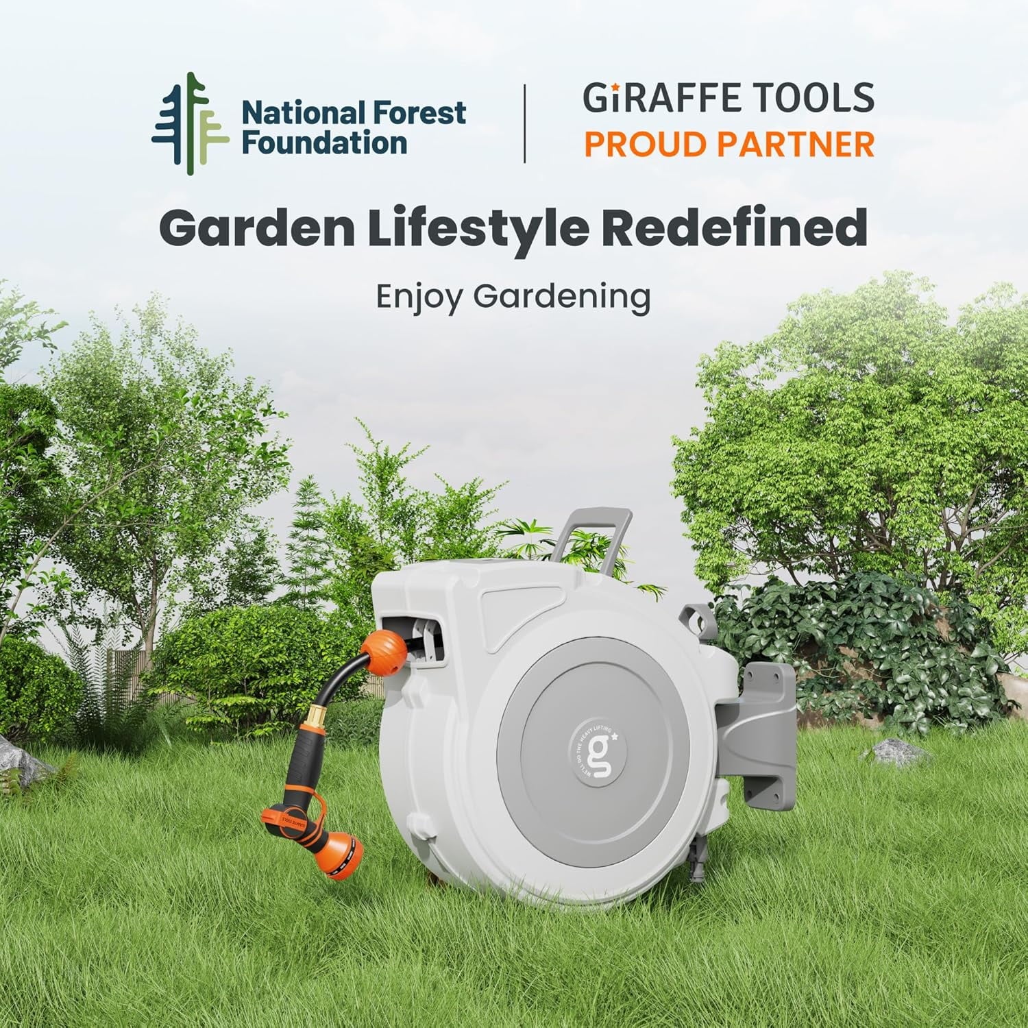 Giraffe Tools Retractable Garden Hose Reel with 1/2in-100ft Water Hose, Plastic Bracket, Wall Mounted, Dark Grey