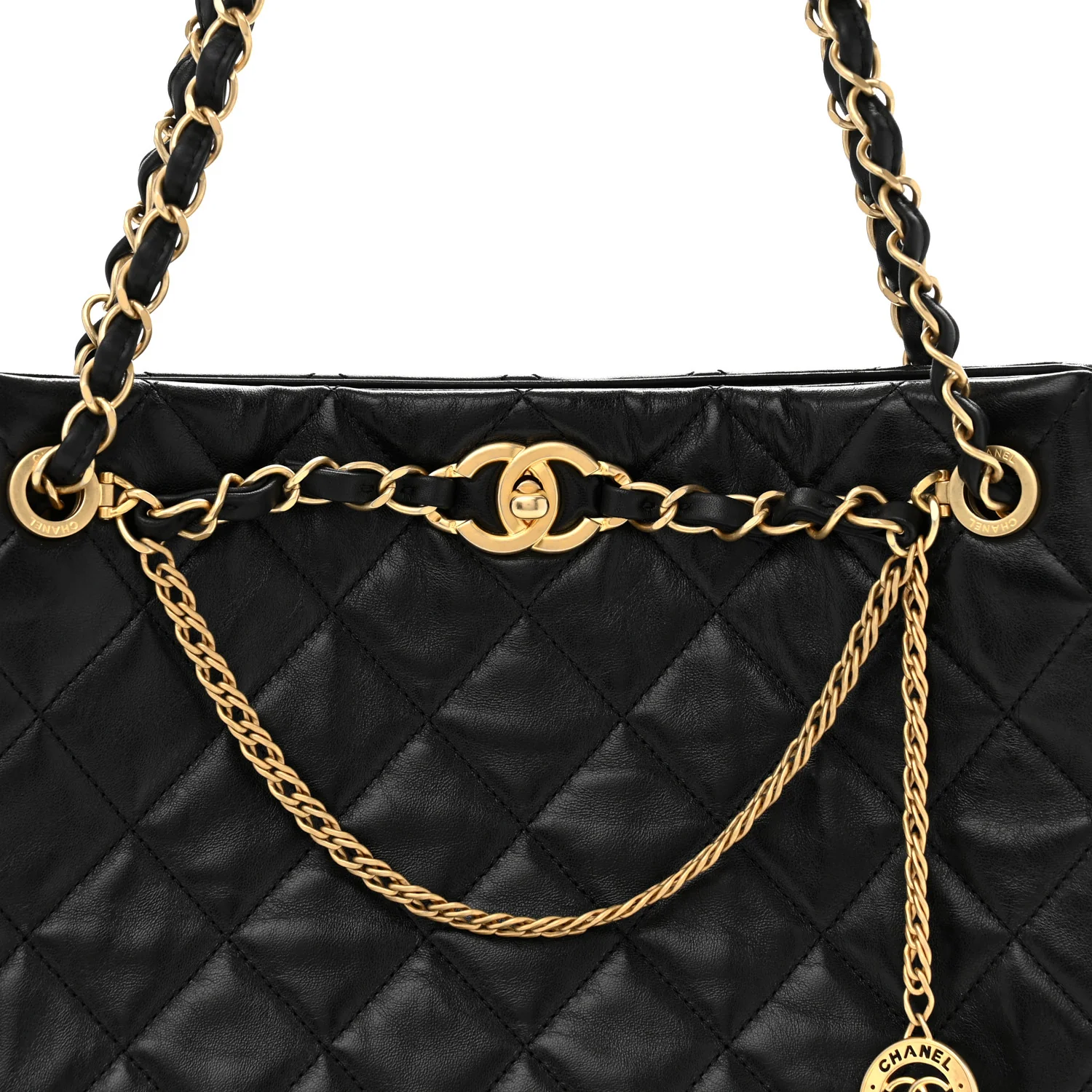 Shiny Calfskin Quilted Fancy Jewel Tote Bag Black