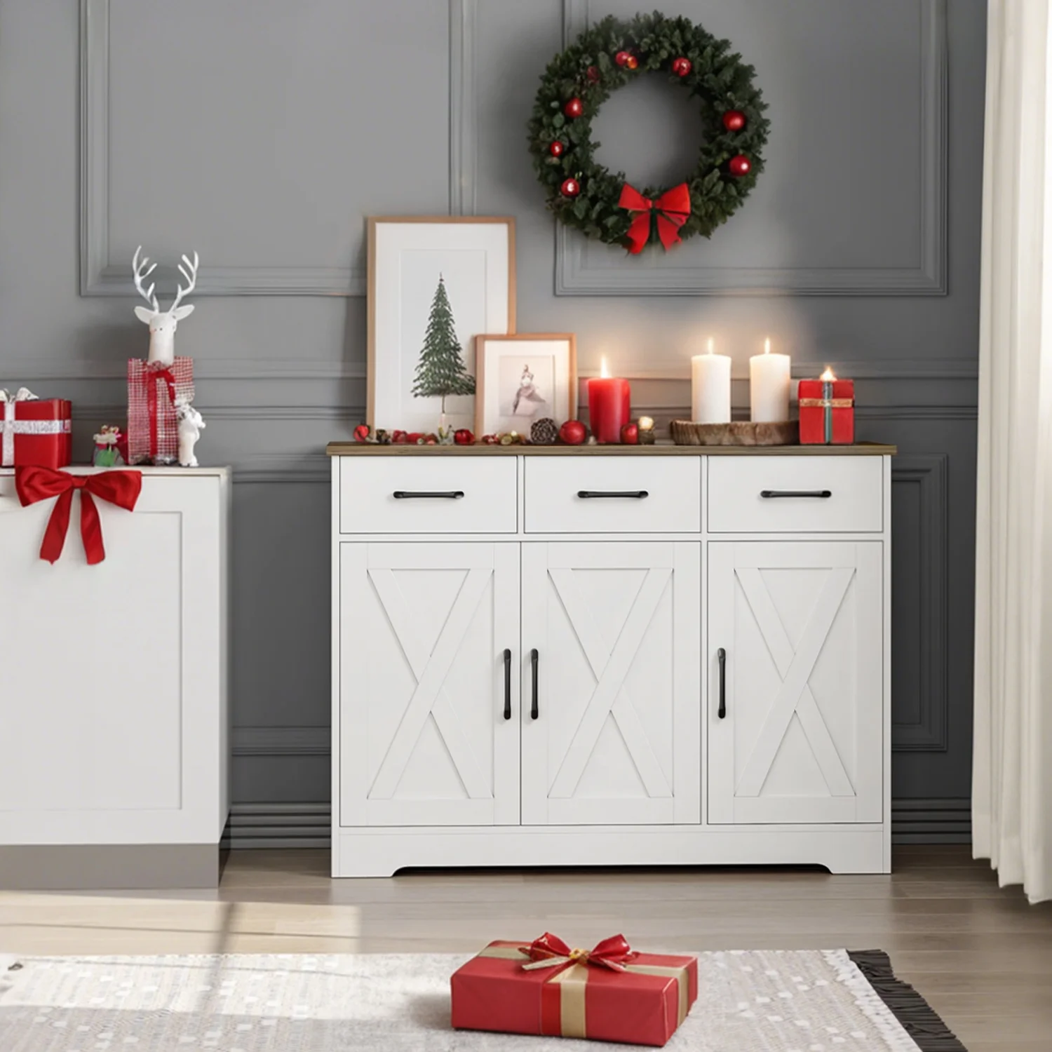42.5'' Kitchen Buffet Sideboard Cabinet, 3 Drawers Farmhouse Coffee Bar Storage Cabinet with Adjustable Shelf, White(White) - Image 4