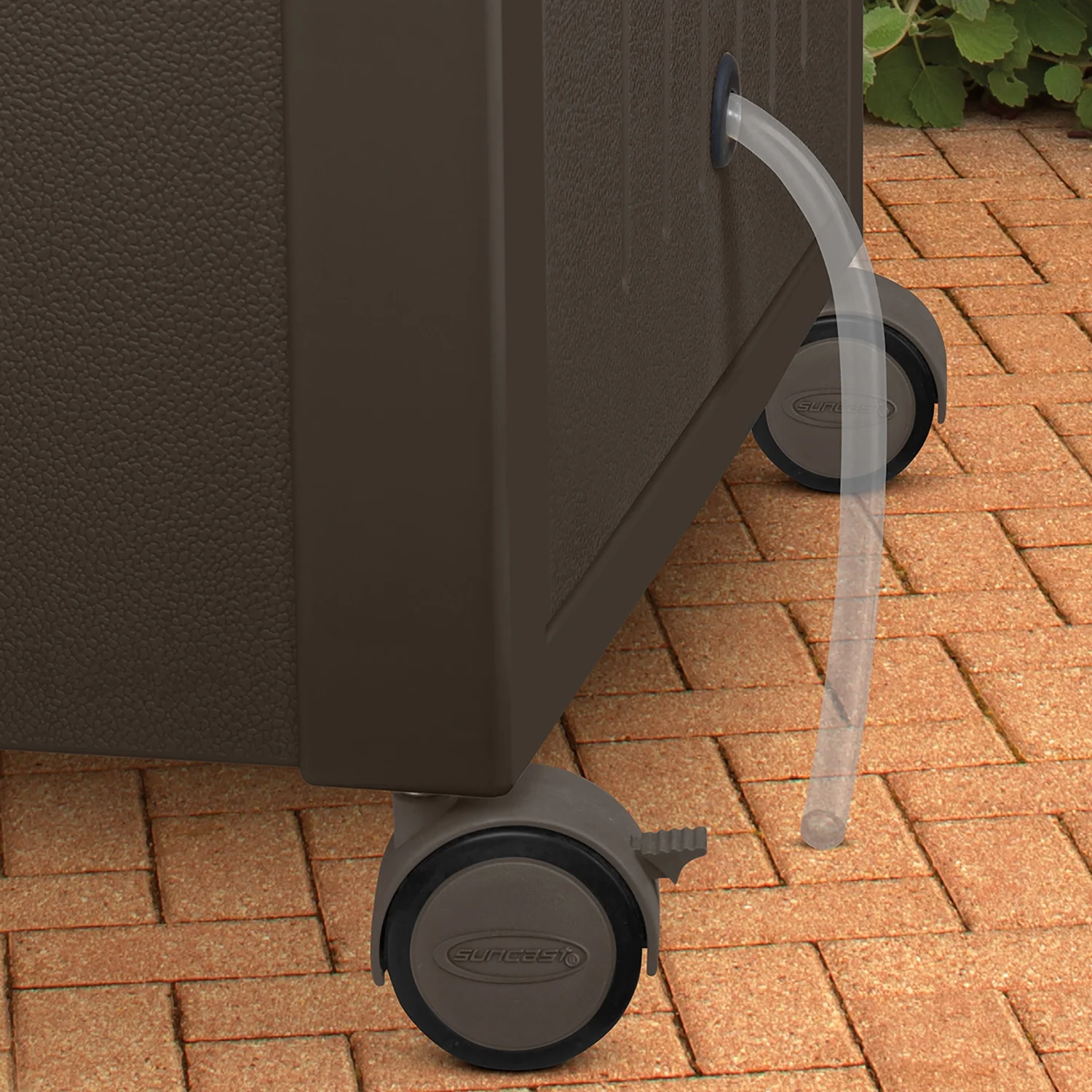 Suncast 77 Quart Patio Cooler W/ Cabinet and Basket W/ Wicker Trash Hideaway